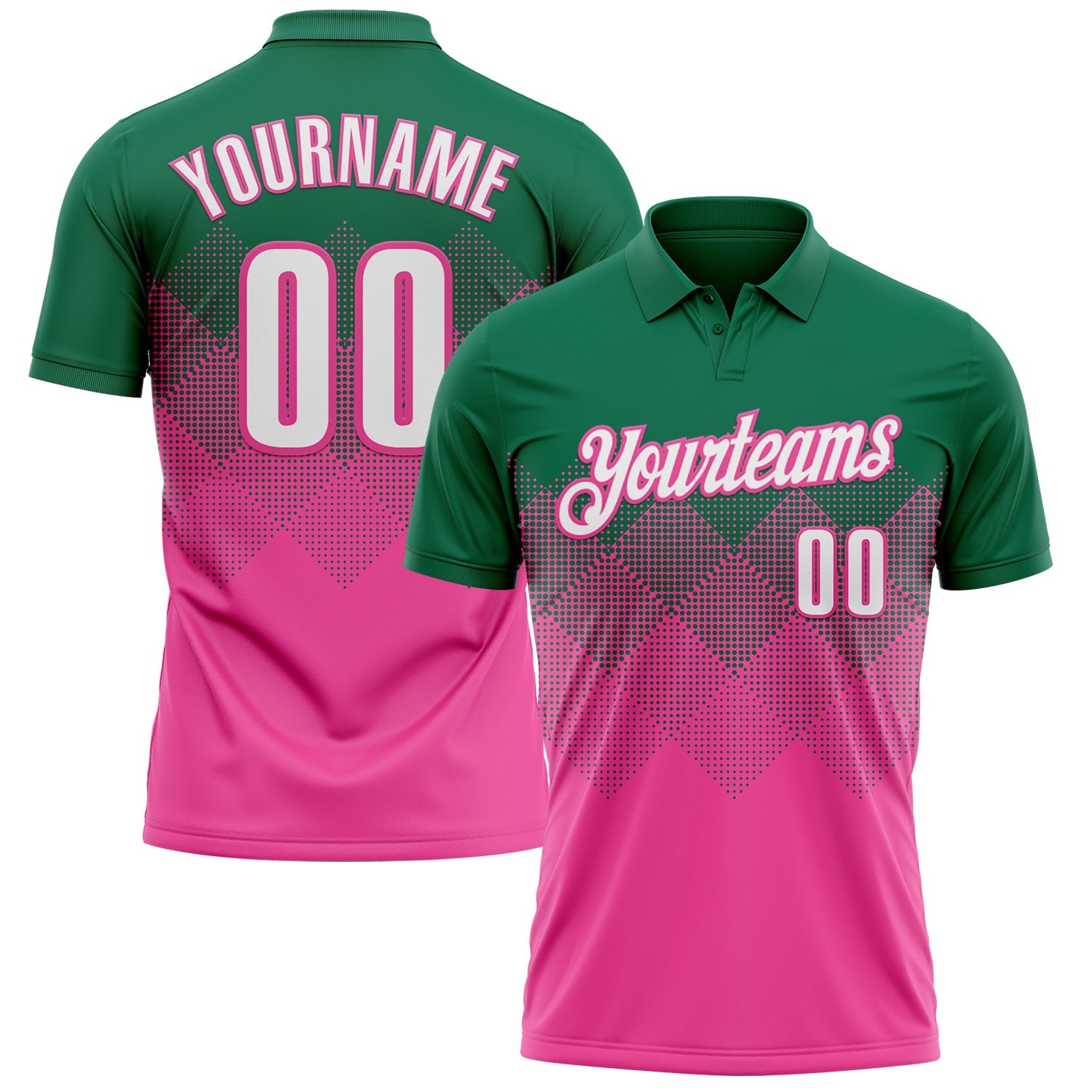 Custom Kelly Green White-Pink 3D Gradient Square Shape Performance Polo Shirt - Main View