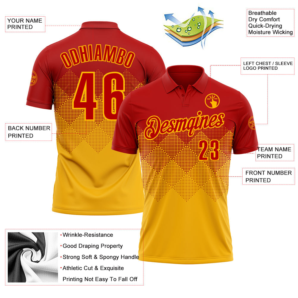 Custom Red Gold 3D Gradient Square Shape Performance Polo Shirt view 3