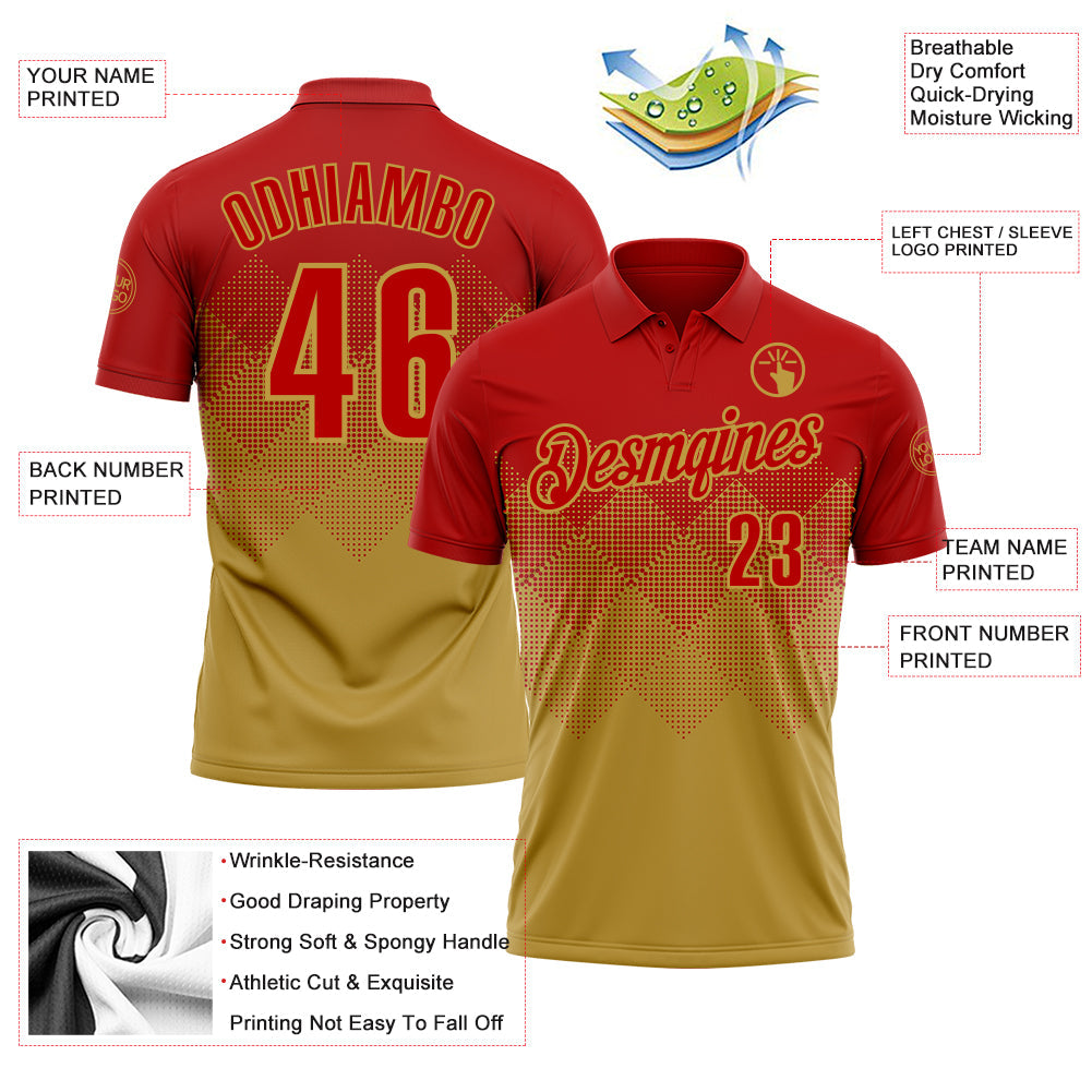 Custom Red Old Gold 3D Gradient Square Shape Performance Polo Shirt view 3