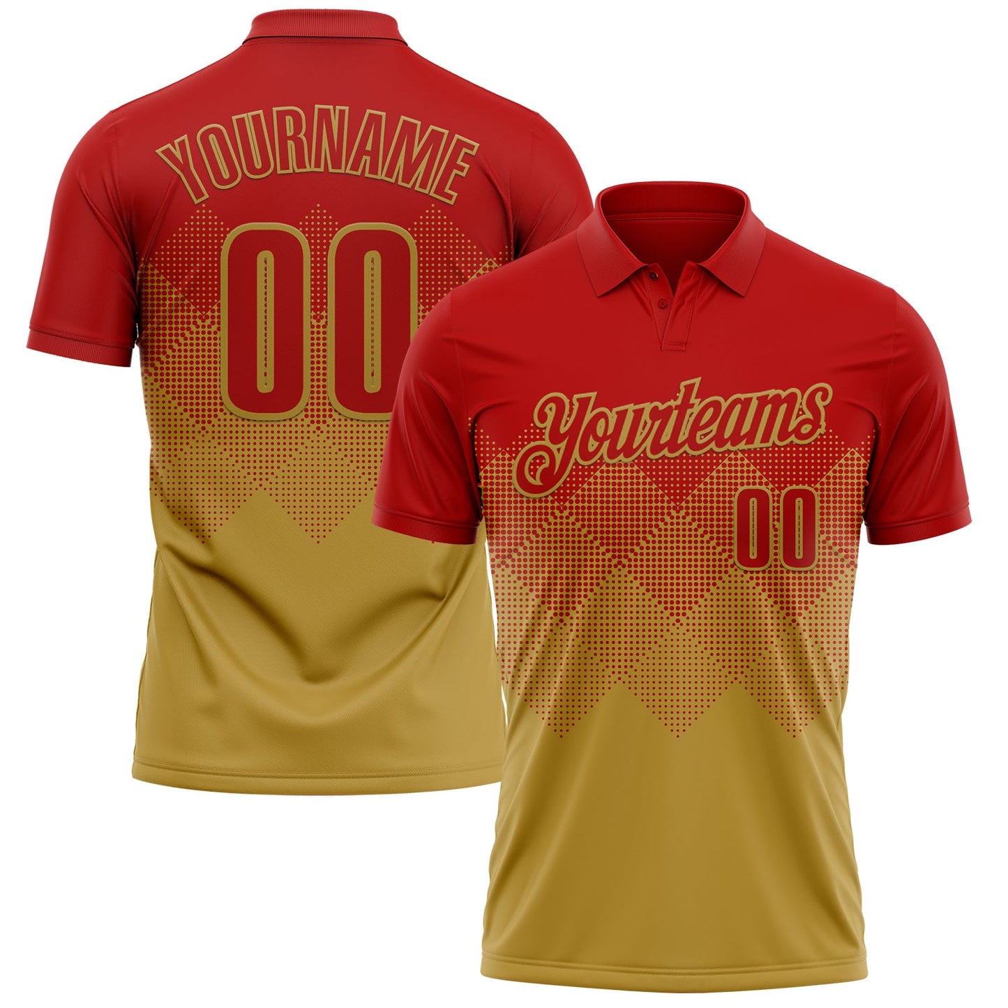 Custom Red Old Gold 3D Gradient Square Shape Performance Polo Shirt - Main View