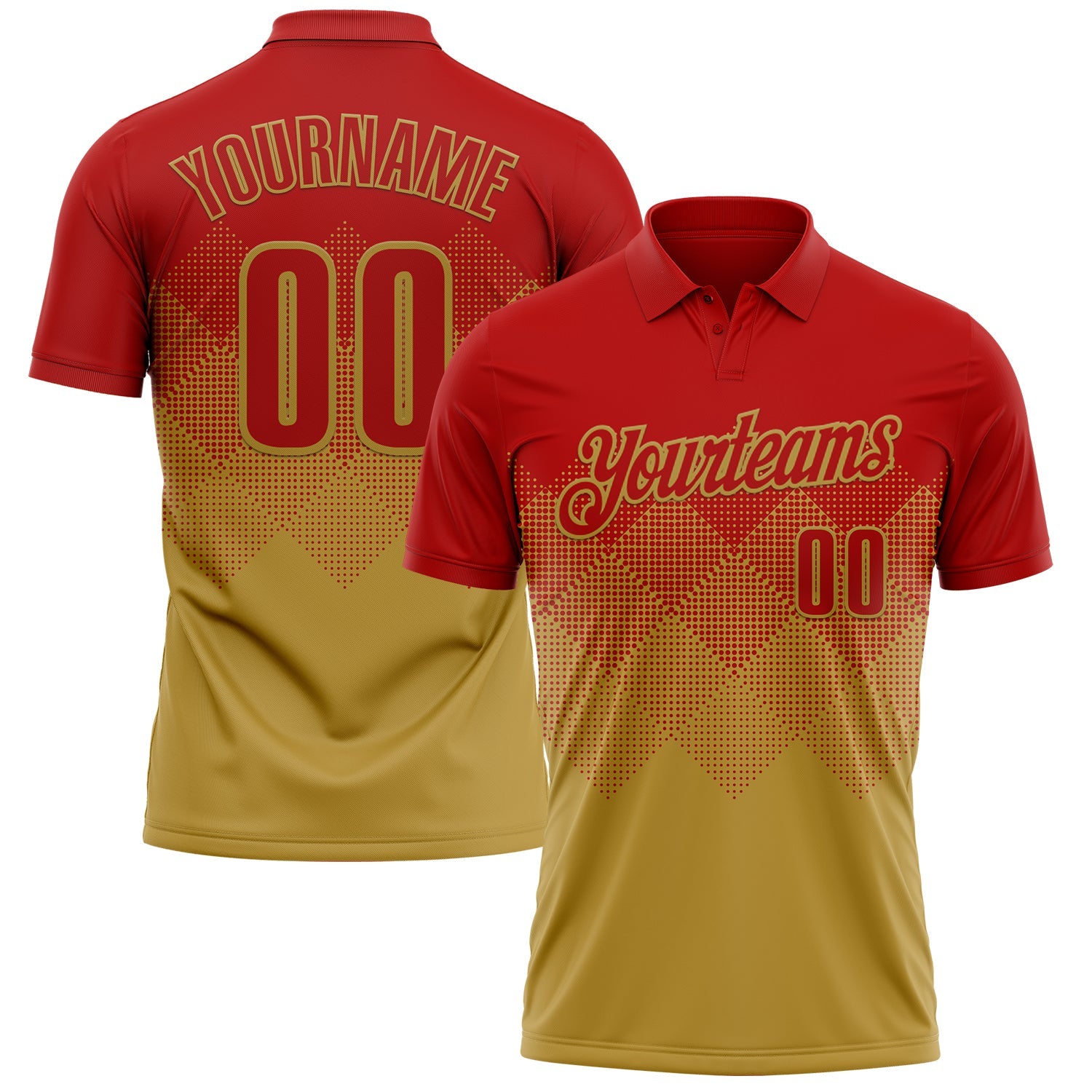 Custom Red Old Gold 3D Gradient Square Shape Performance Polo Shirt - Main View