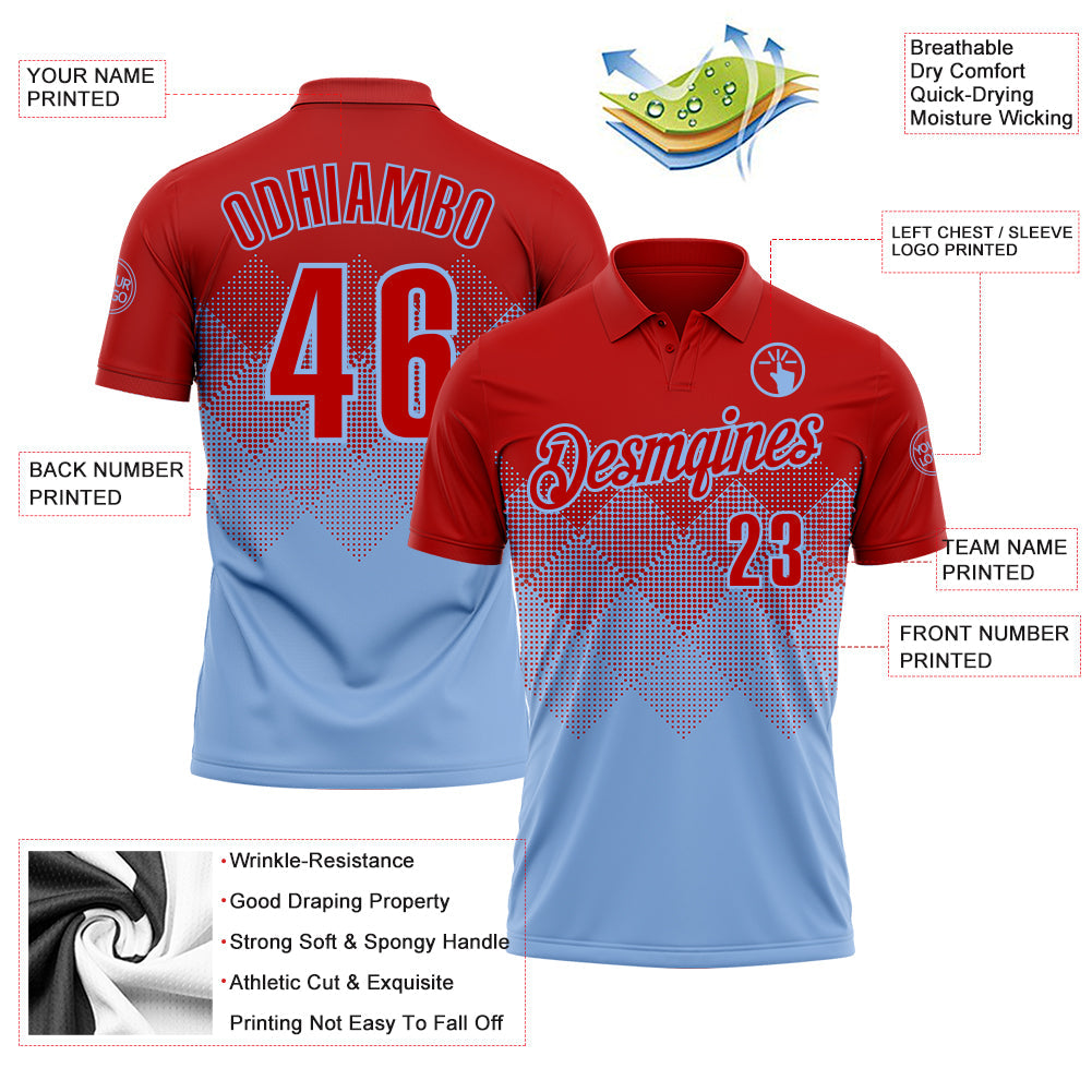 Custom Red Light Blue 3D Gradient Square Shape Performance Polo Shirt view 3