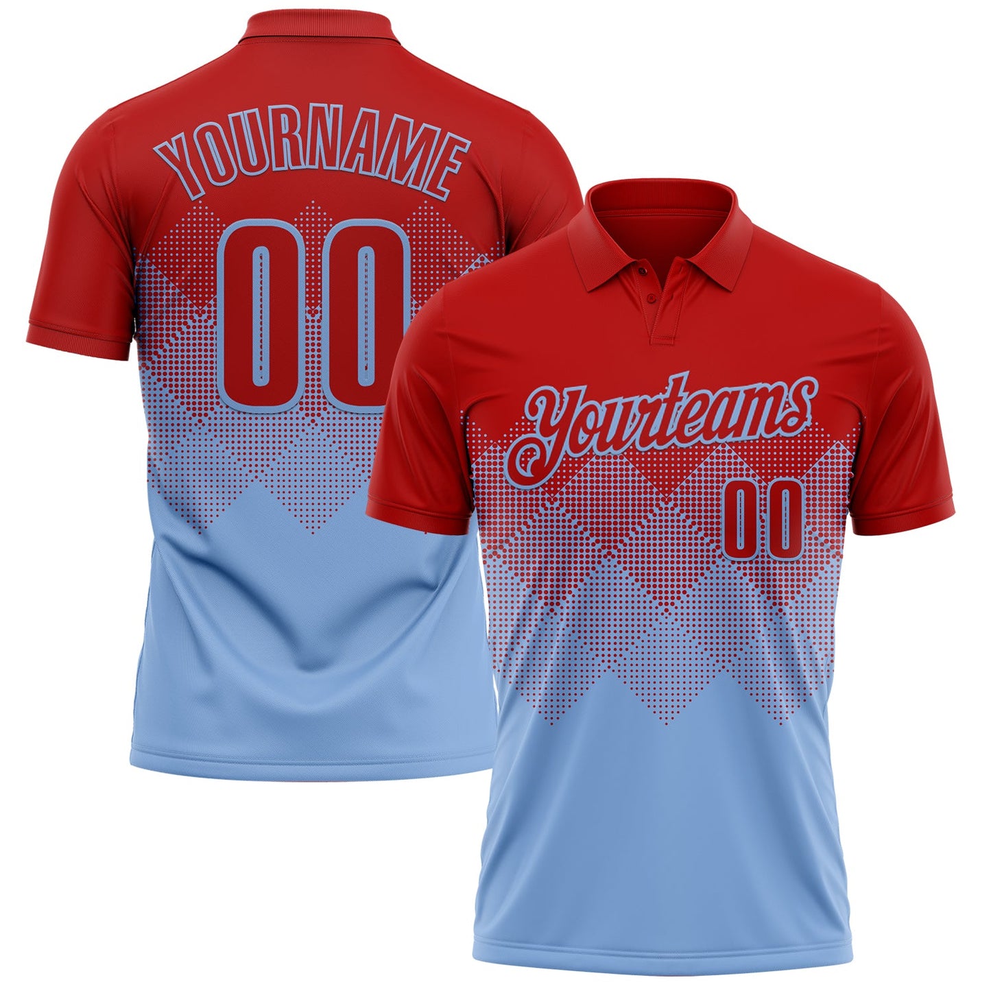Custom Red Light Blue 3D Gradient Square Shape Performance Polo Shirt - Main View