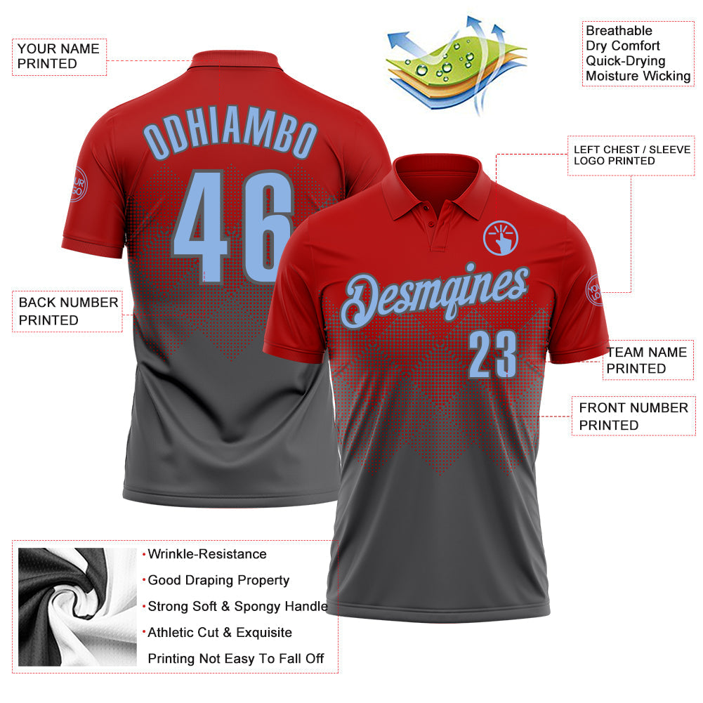 Custom Red Light Blue-Steel Gray 3D Gradient Square Shape Performance Polo Shirt view 3