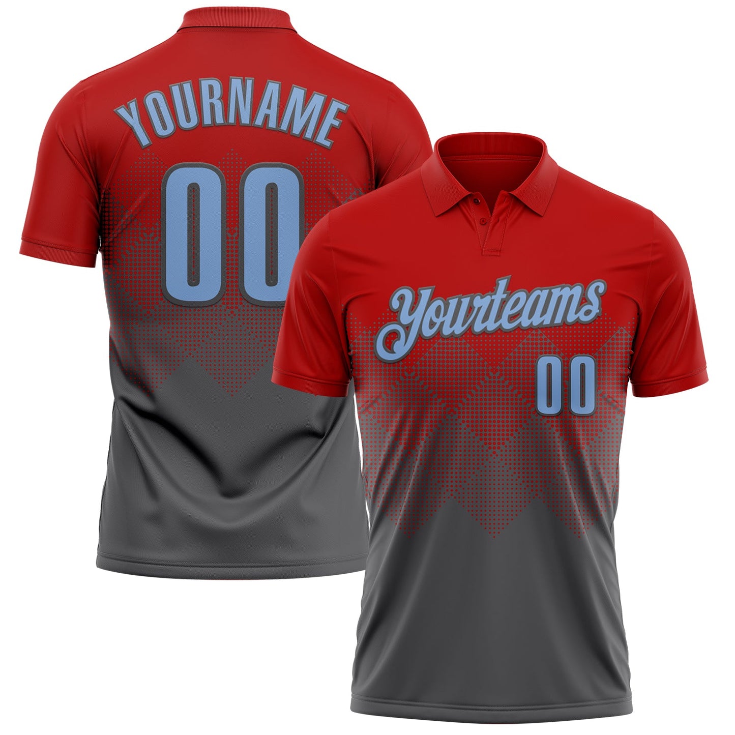 Custom Red Light Blue-Steel Gray 3D Gradient Square Shape Performance Polo Shirt - Main View
