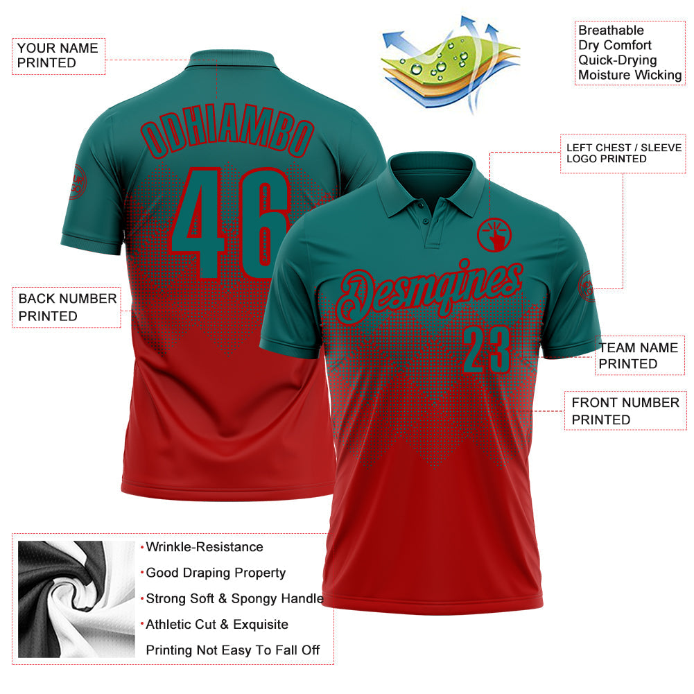 Custom Teal Red 3D Gradient Square Shape Performance Polo Shirt view 3