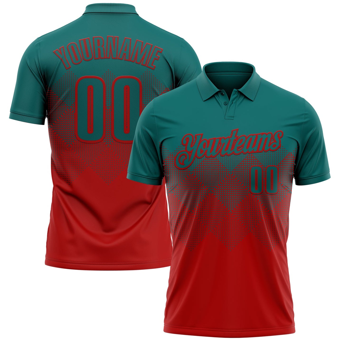 Custom Teal Red 3D Gradient Square Shape Performance Polo Shirt - Main View