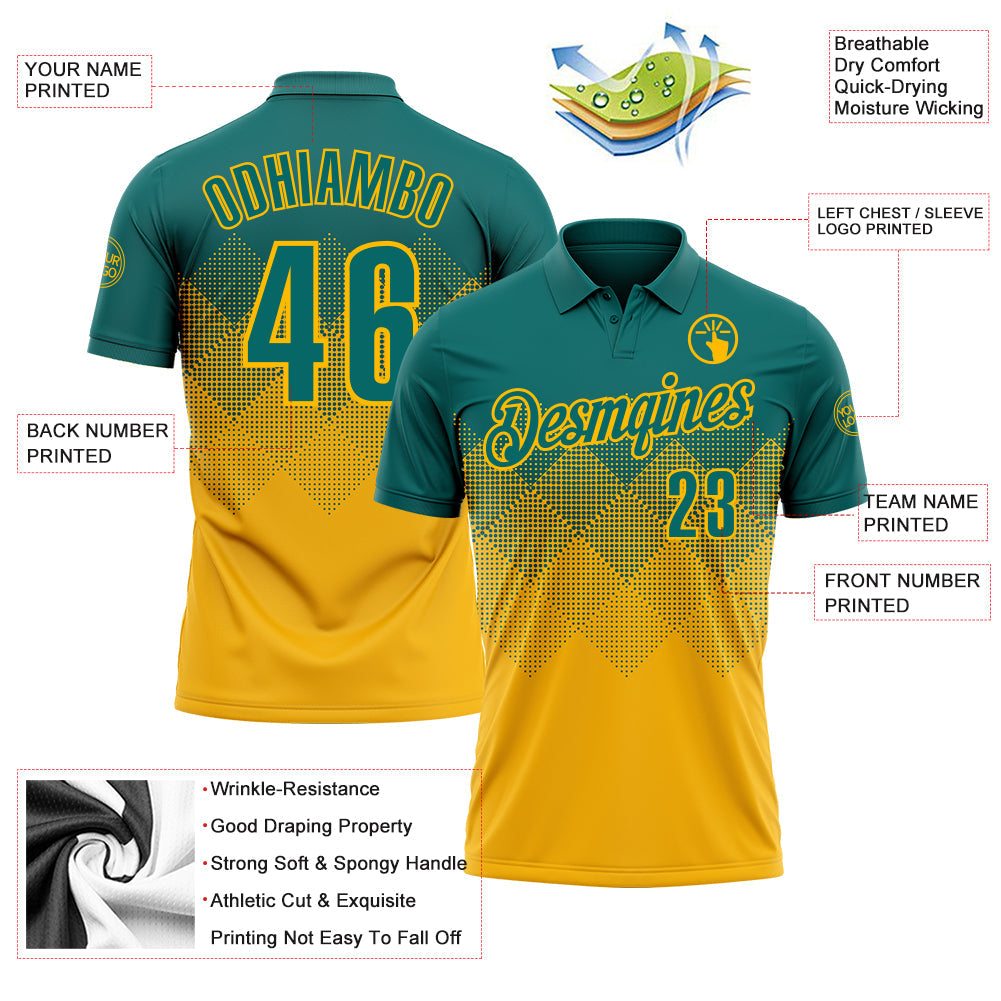 Custom Teal Gold 3D Gradient Square Shape Performance Polo Shirt view 3