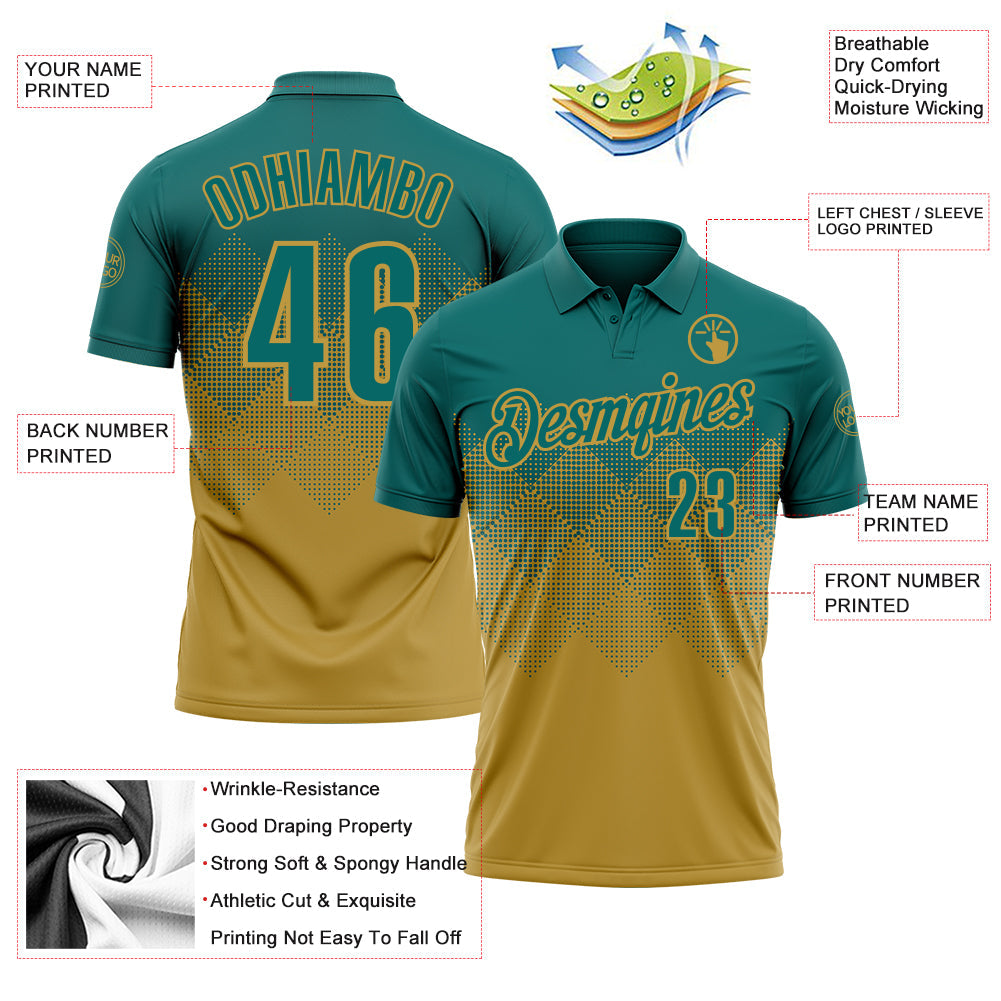 Custom Teal Old Gold 3D Gradient Square Shape Performance Polo Shirt view 3