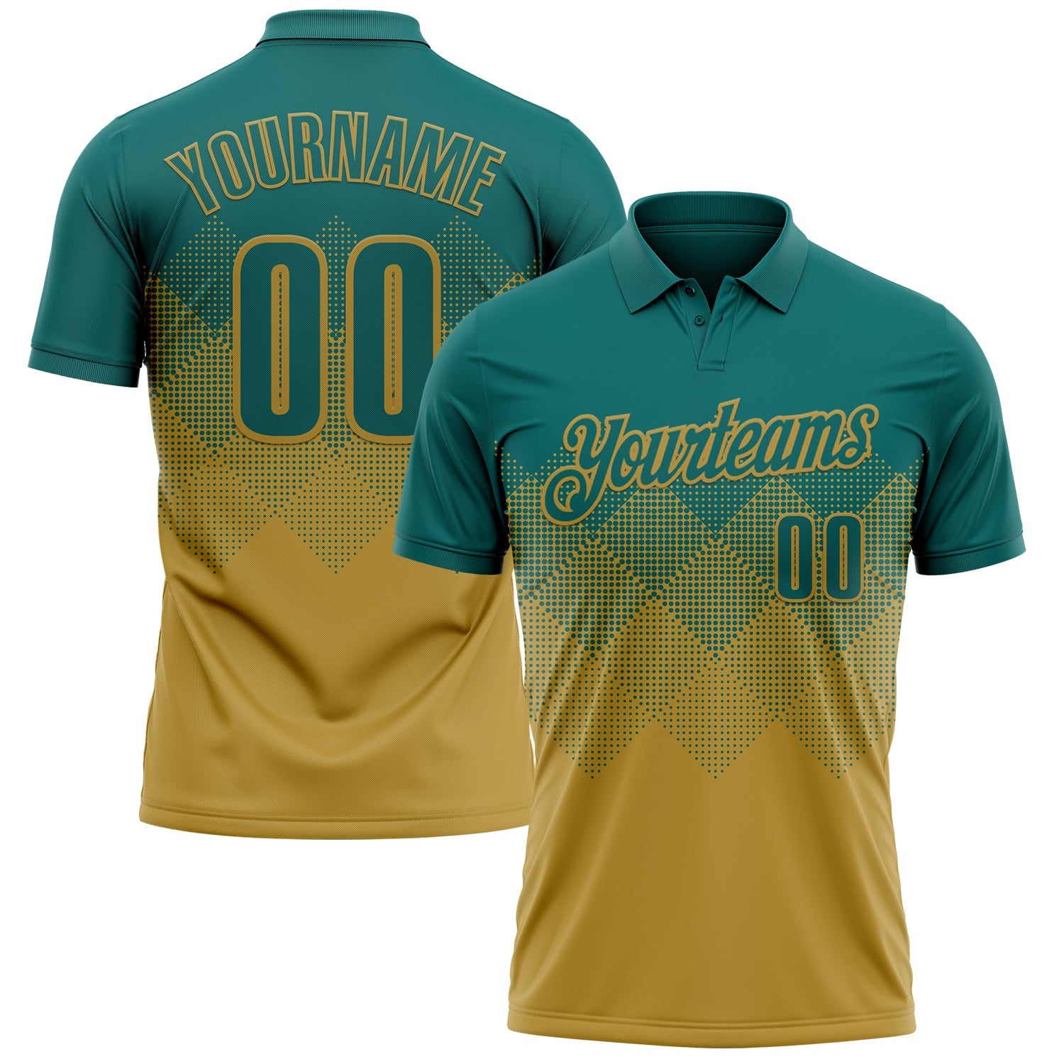Custom Teal Old Gold 3D Gradient Square Shape Performance Polo Shirt - Main View