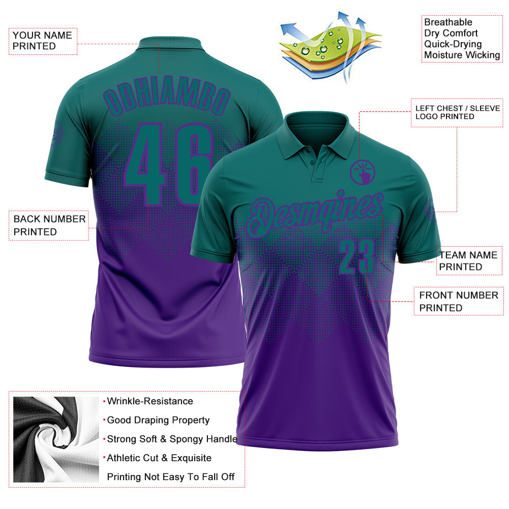 Custom Teal Purple 3D Gradient Square Shape Performance Polo Shirt view 3