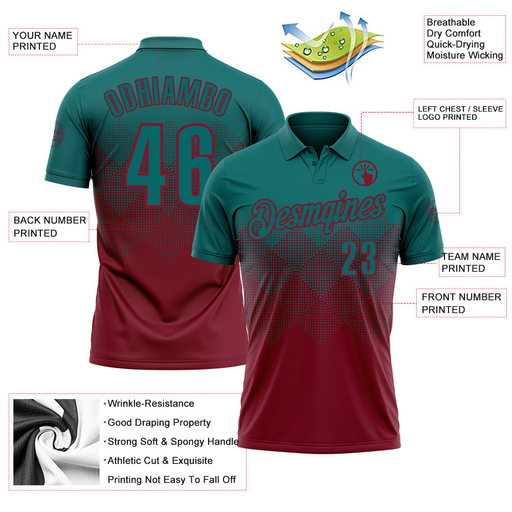 Custom Teal Crimson 3D Gradient Square Shape Performance Polo Shirt view 3