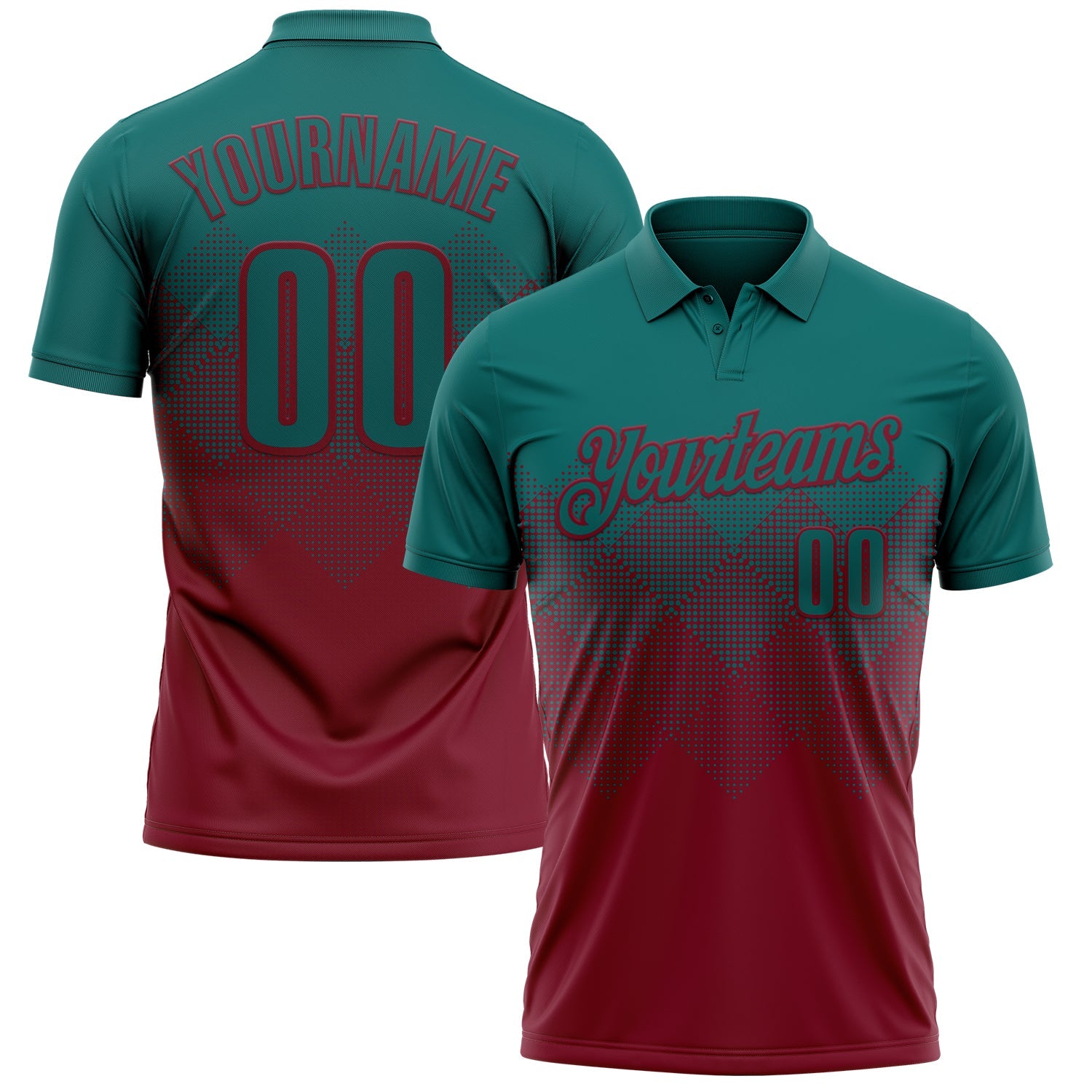 Custom Teal Crimson 3D Gradient Square Shape Performance Polo Shirt - Main View