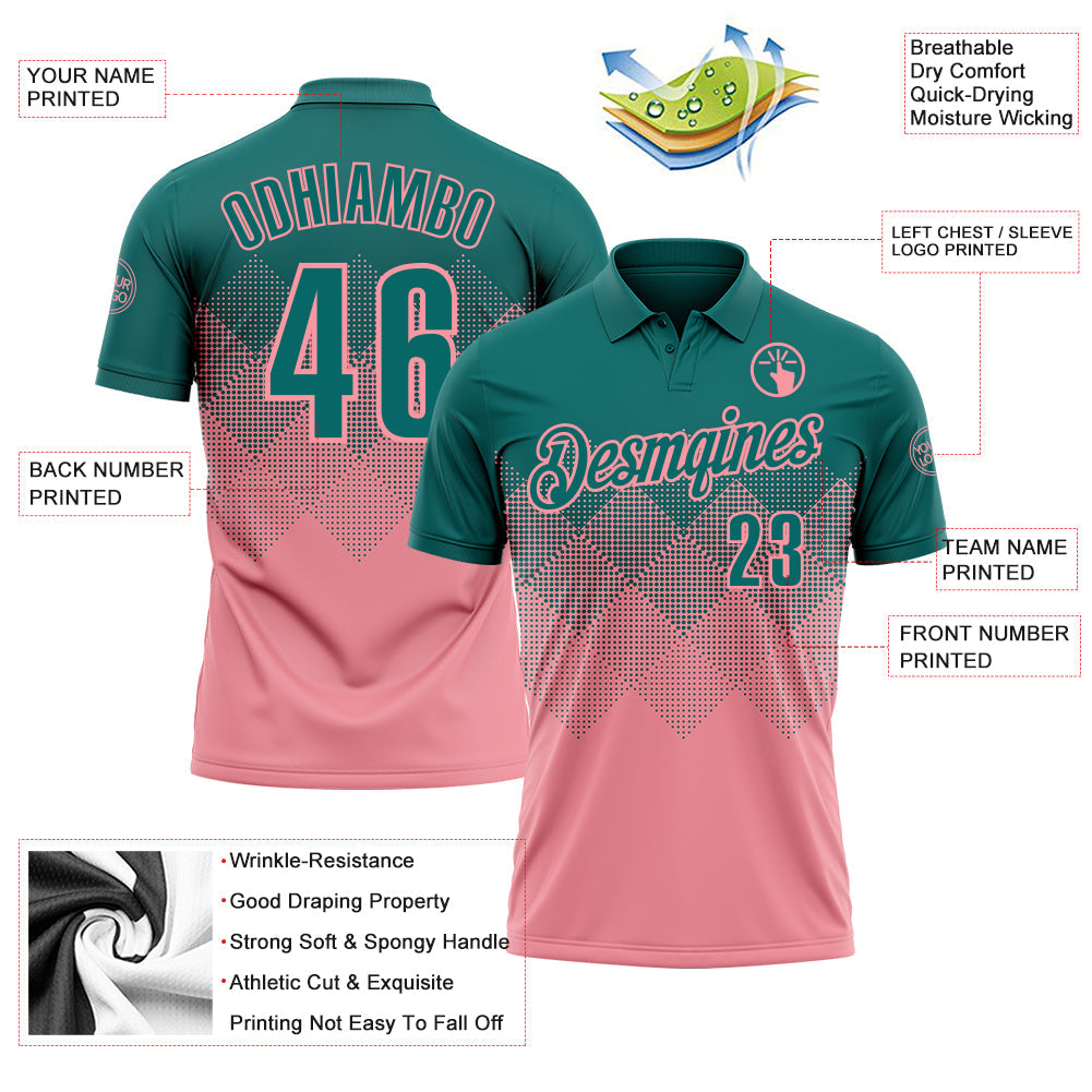 Custom Teal Medium Pink 3D Gradient Square Shape Performance Polo Shirt view 3