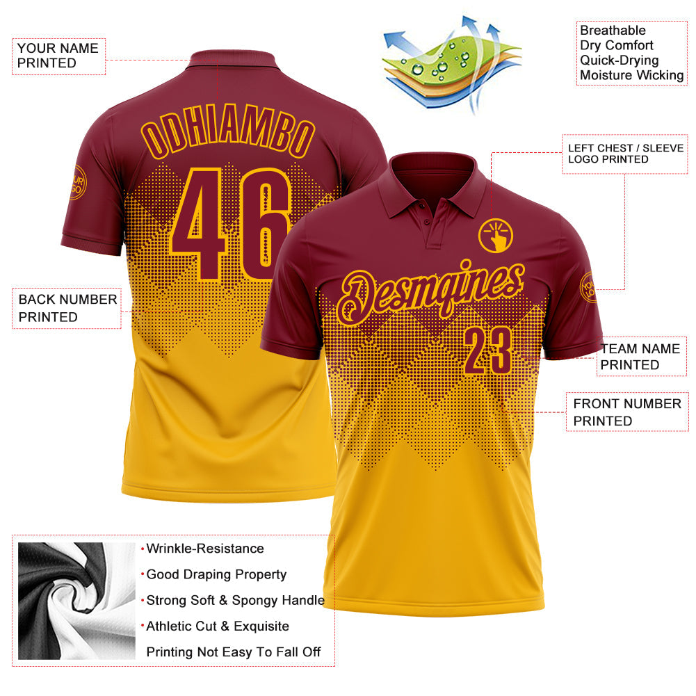 Custom Crimson Gold 3D Gradient Square Shape Performance Polo Shirt view 3