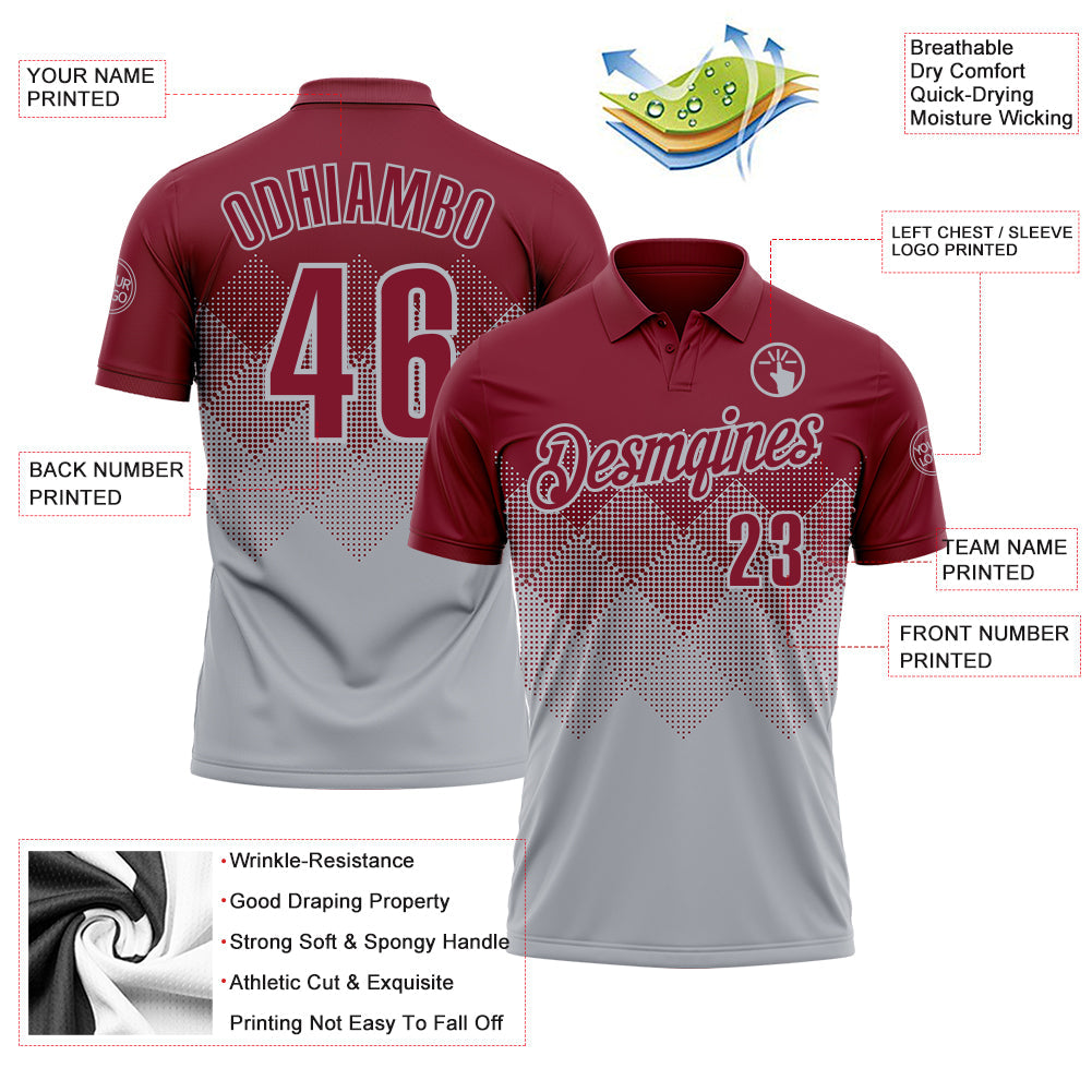 Custom Crimson Gray 3D Gradient Square Shape Performance Polo Shirt view 3