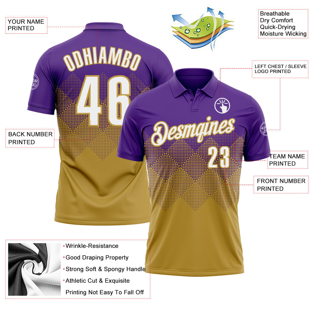 Custom Purple White-Old Gold 3D Gradient Square Shape Performance Polo Shirt view 3