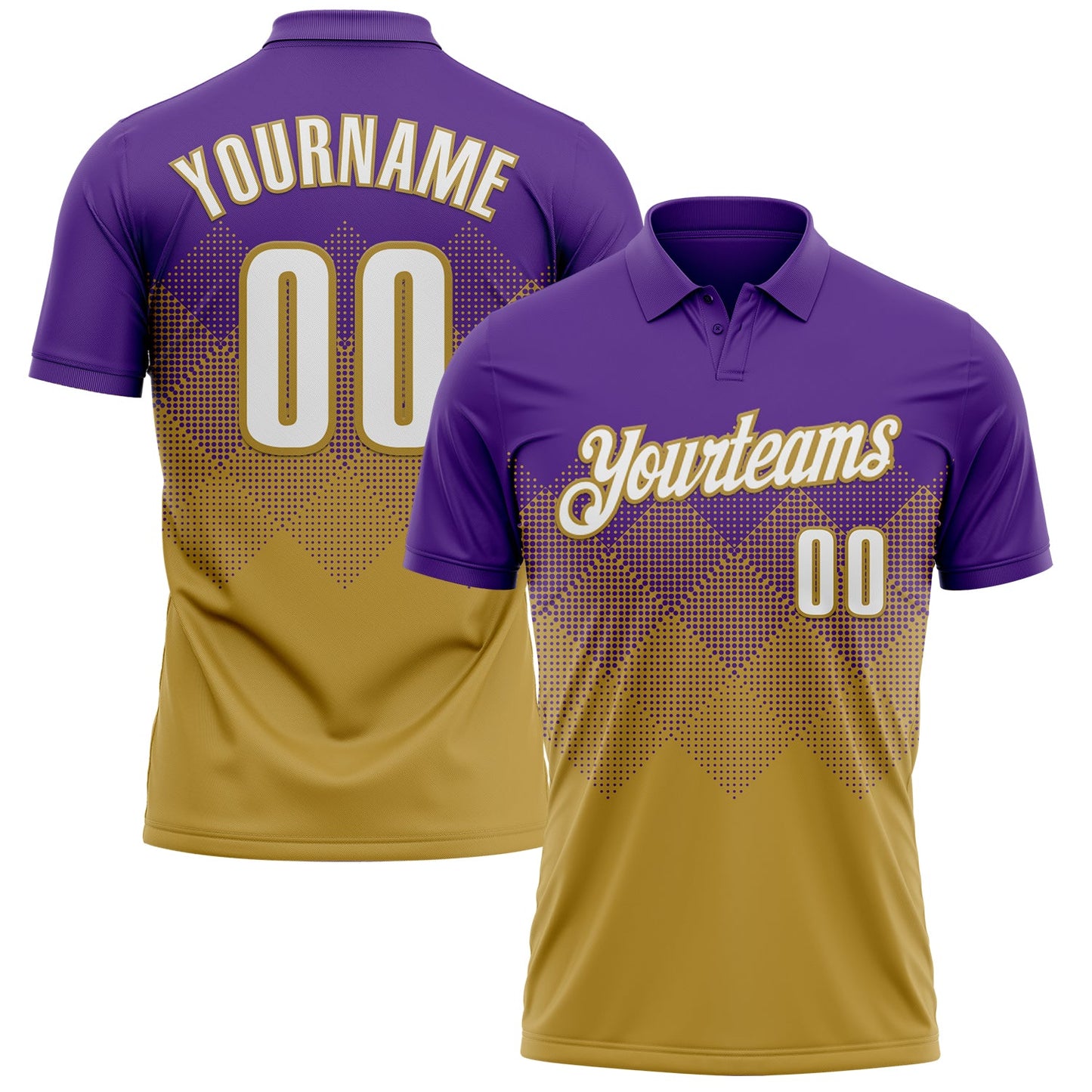 Custom Purple White-Old Gold 3D Gradient Square Shape Performance Polo Shirt - Main View