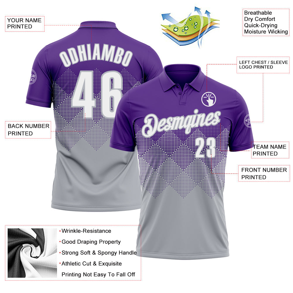 Custom Purple White-Gray 3D Gradient Square Shape Performance Polo Shirt view 3