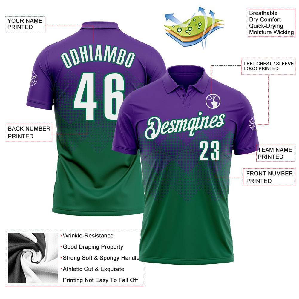 Custom Purple White-Kelly Green 3D Gradient Square Shape Performance Polo Shirt view 3