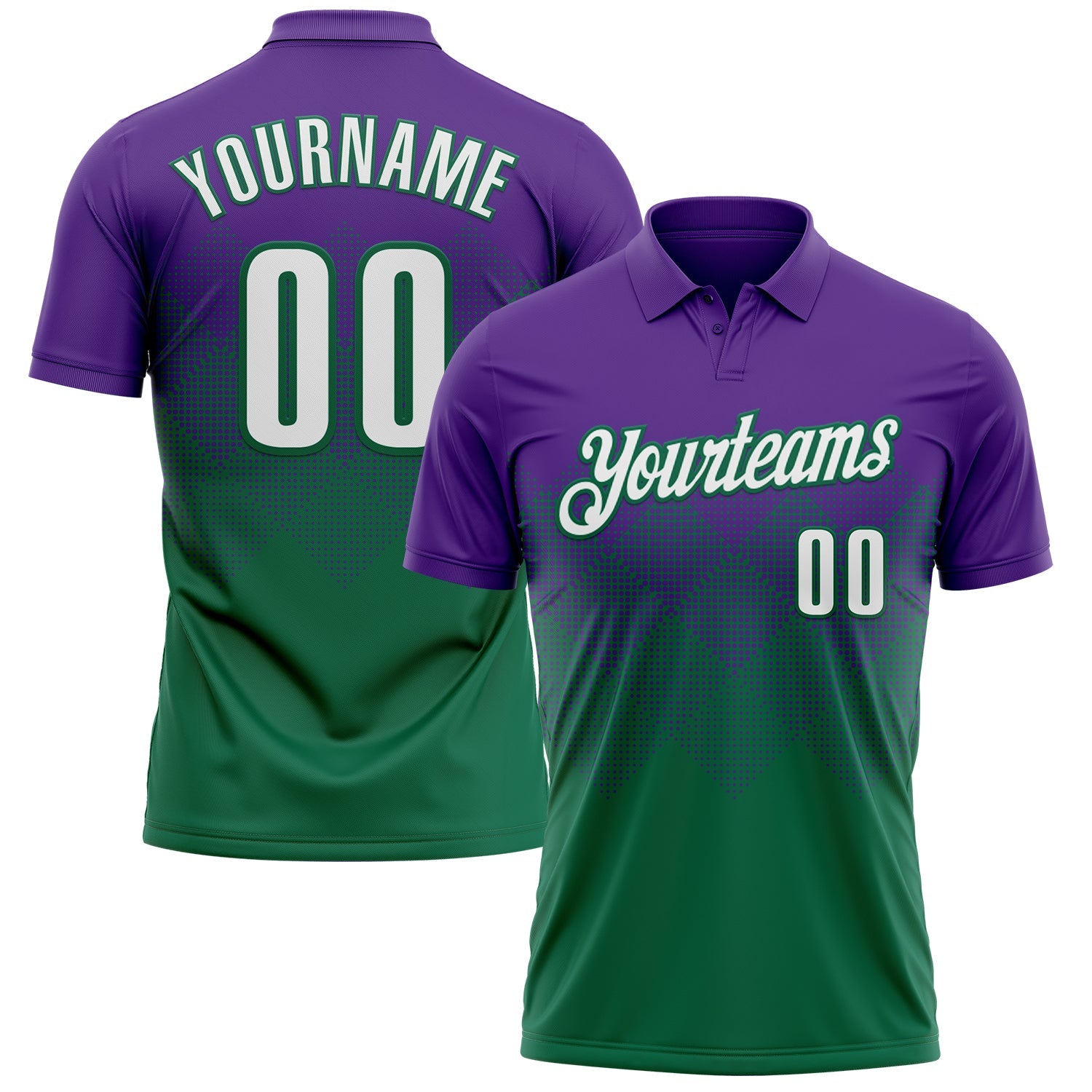 Custom Purple White-Kelly Green 3D Gradient Square Shape Performance Polo Shirt - Main View