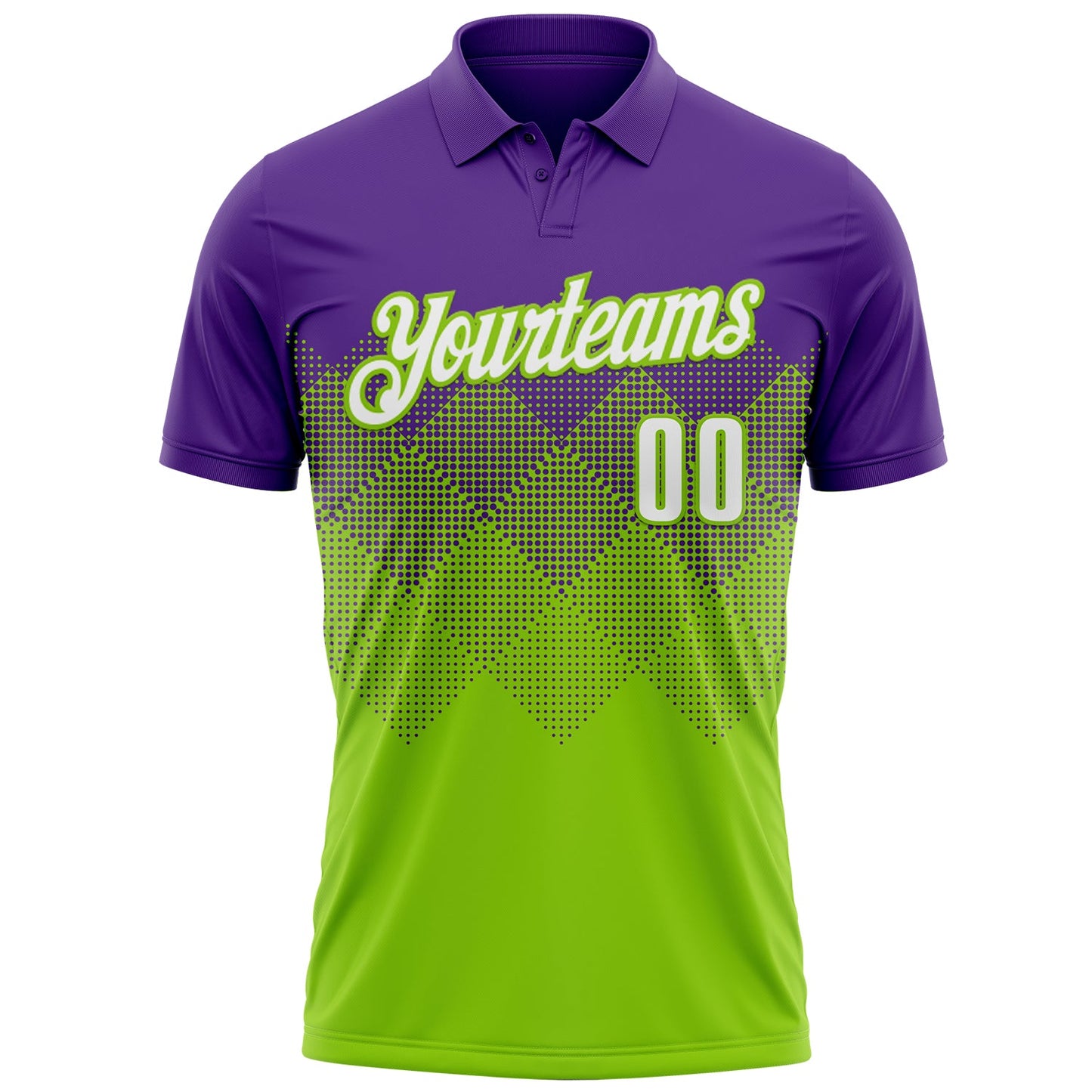 Custom Purple White-Neon Green 3D Gradient Square Shape Performance Polo Shirt view 2
