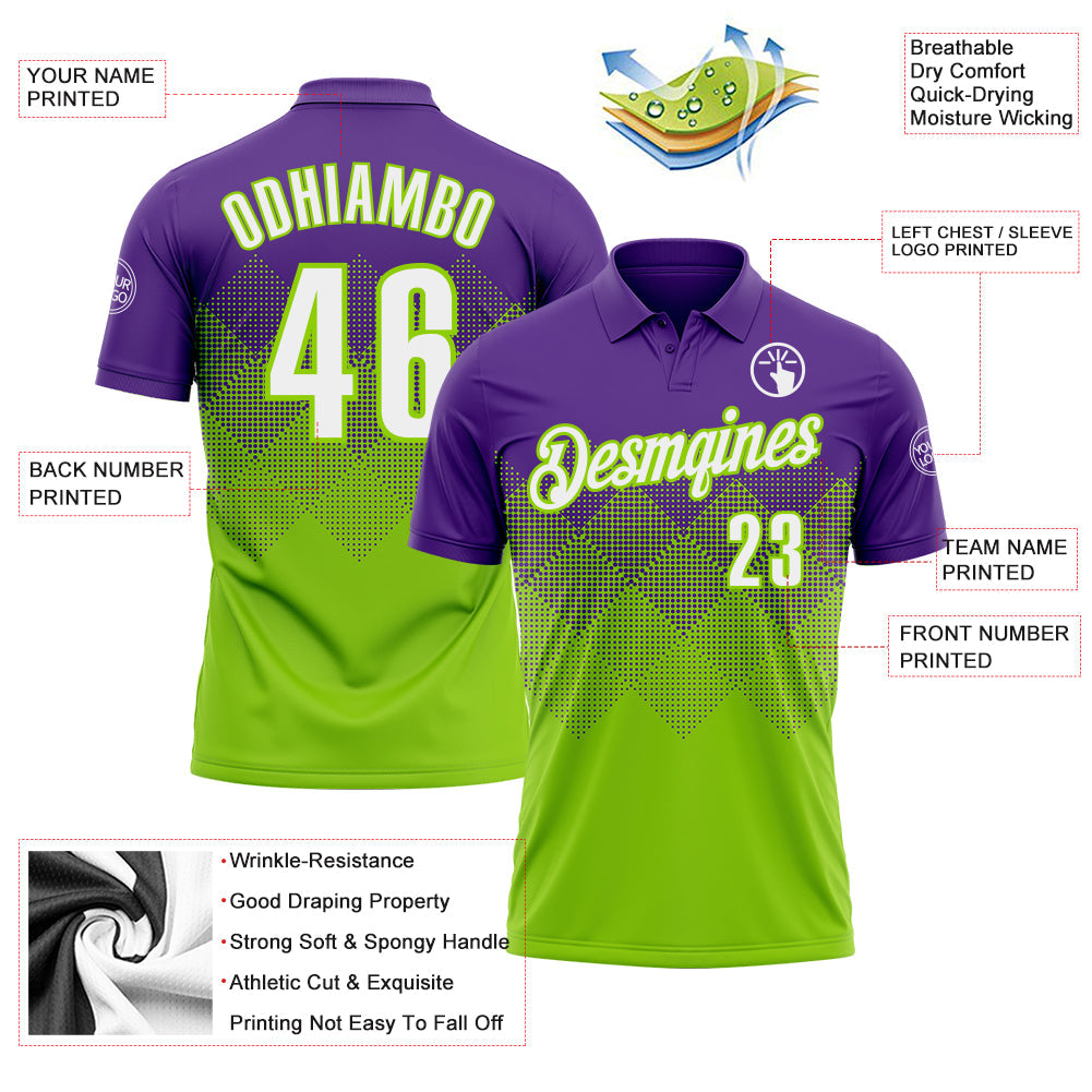 Custom Purple White-Neon Green 3D Gradient Square Shape Performance Polo Shirt view 3