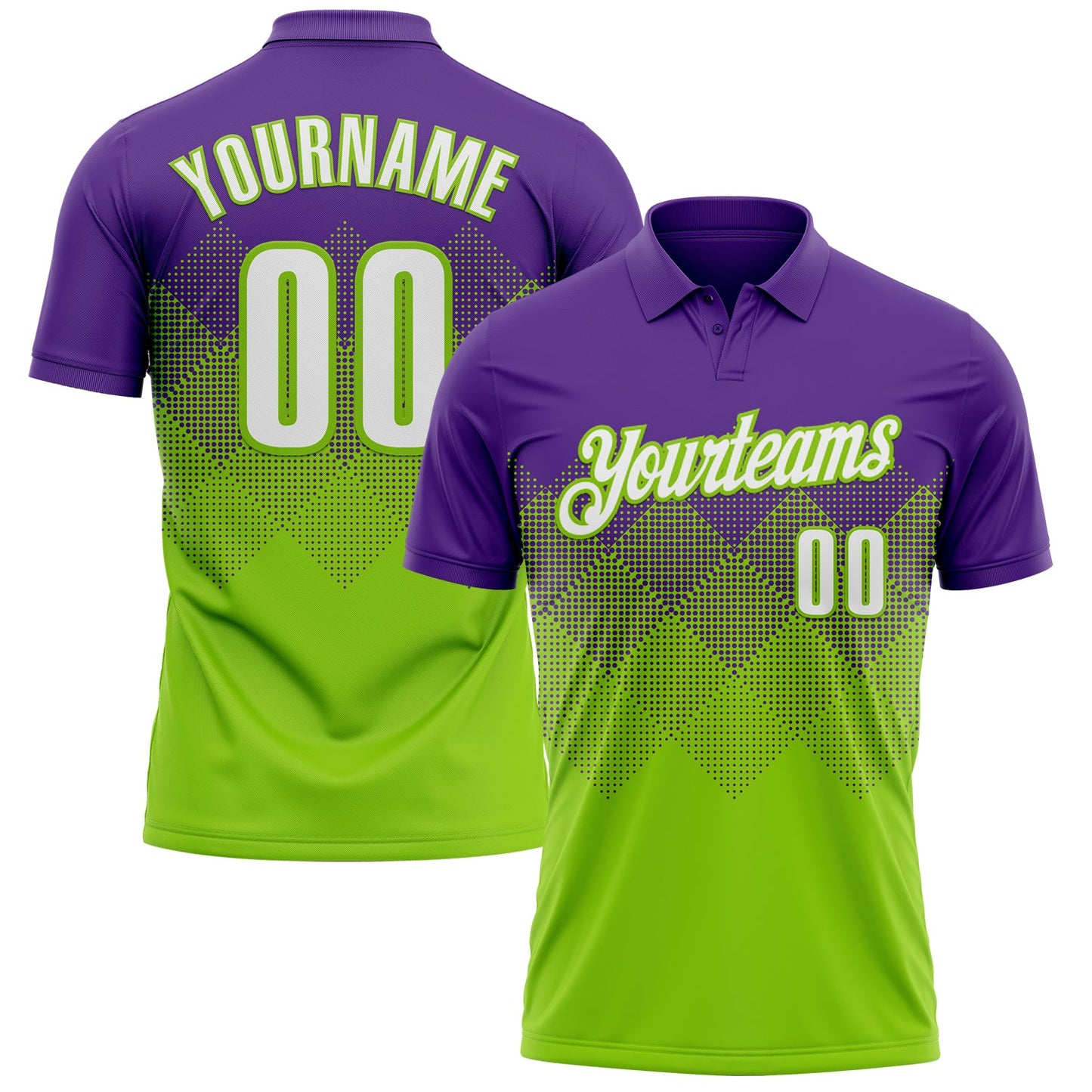 Custom Purple White-Neon Green 3D Gradient Square Shape Performance Polo Shirt - Main View