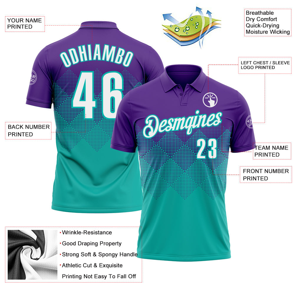 Custom Purple White-Aqua 3D Gradient Square Shape Performance Polo Shirt view 3