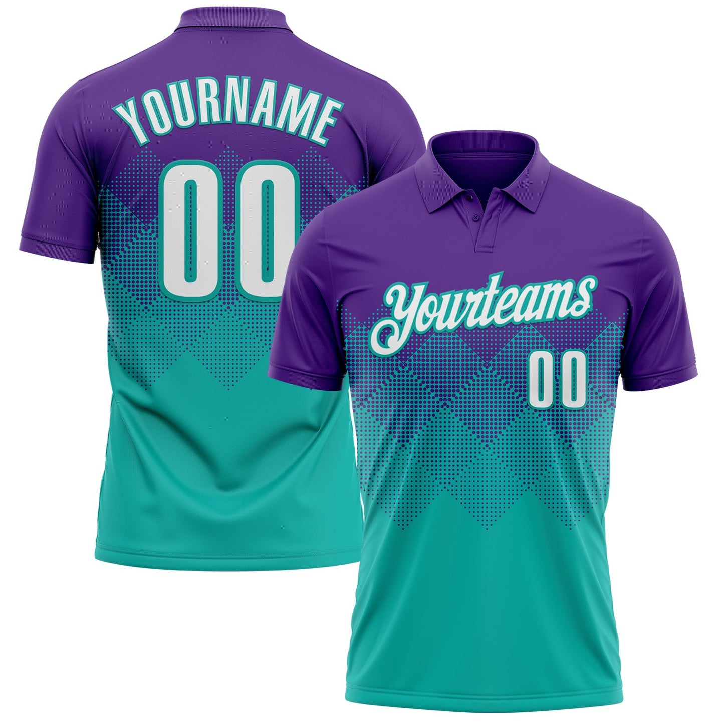 Custom Purple White-Aqua 3D Gradient Square Shape Performance Polo Shirt - Main View