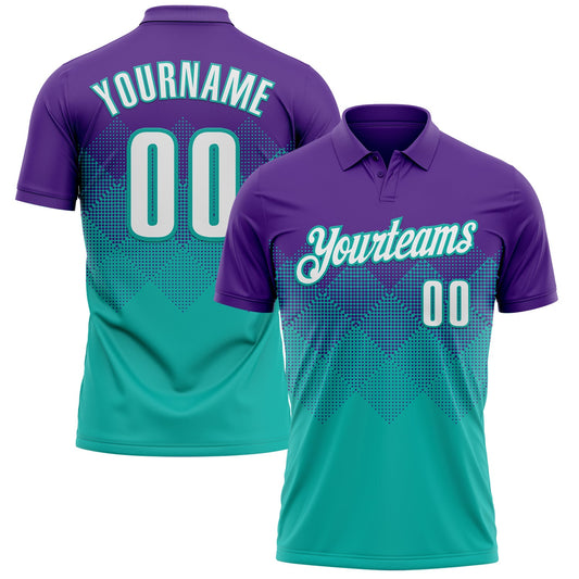 Custom Purple White-Aqua 3D Gradient Square Shape Performance Polo Shirt - Main View
