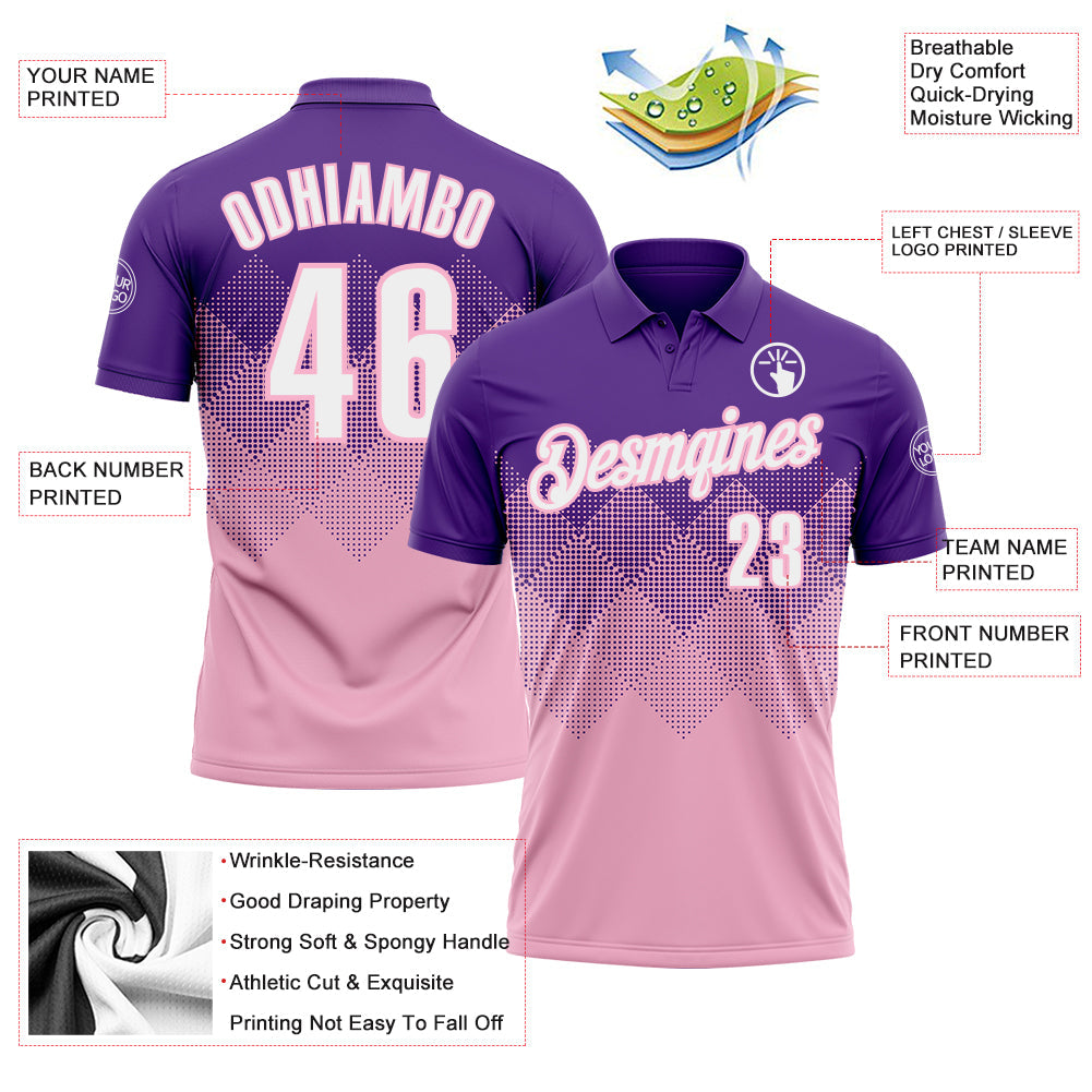 Custom Purple White-Light Pink 3D Gradient Square Shape Performance Polo Shirt view 3