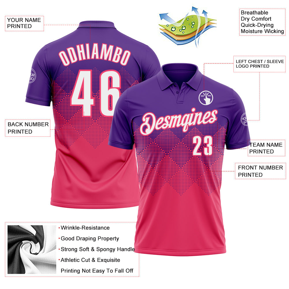 Custom Purple White-Neon Pink 3D Gradient Square Shape Performance Polo Shirt view 3