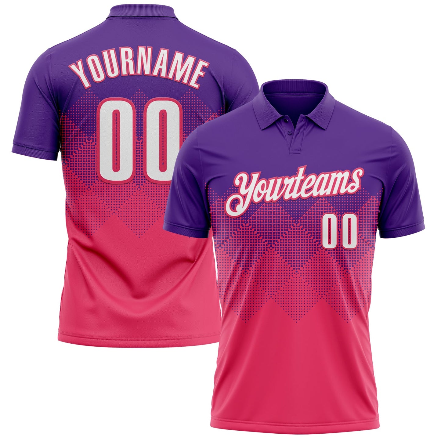 Custom Purple White-Neon Pink 3D Gradient Square Shape Performance Polo Shirt - Main View