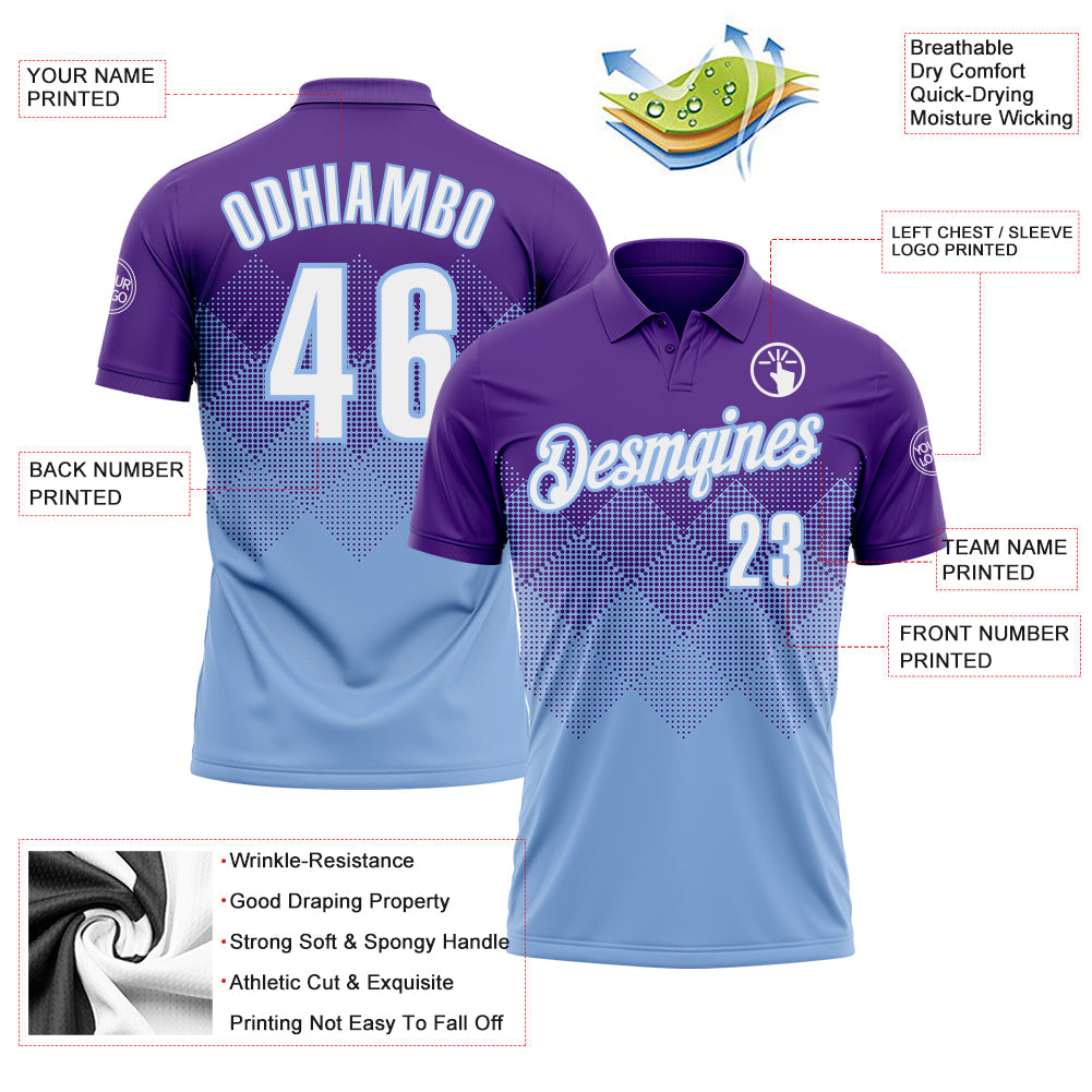 Custom Purple White-Light Blue 3D Gradient Square Shape Performance Polo Shirt view 3