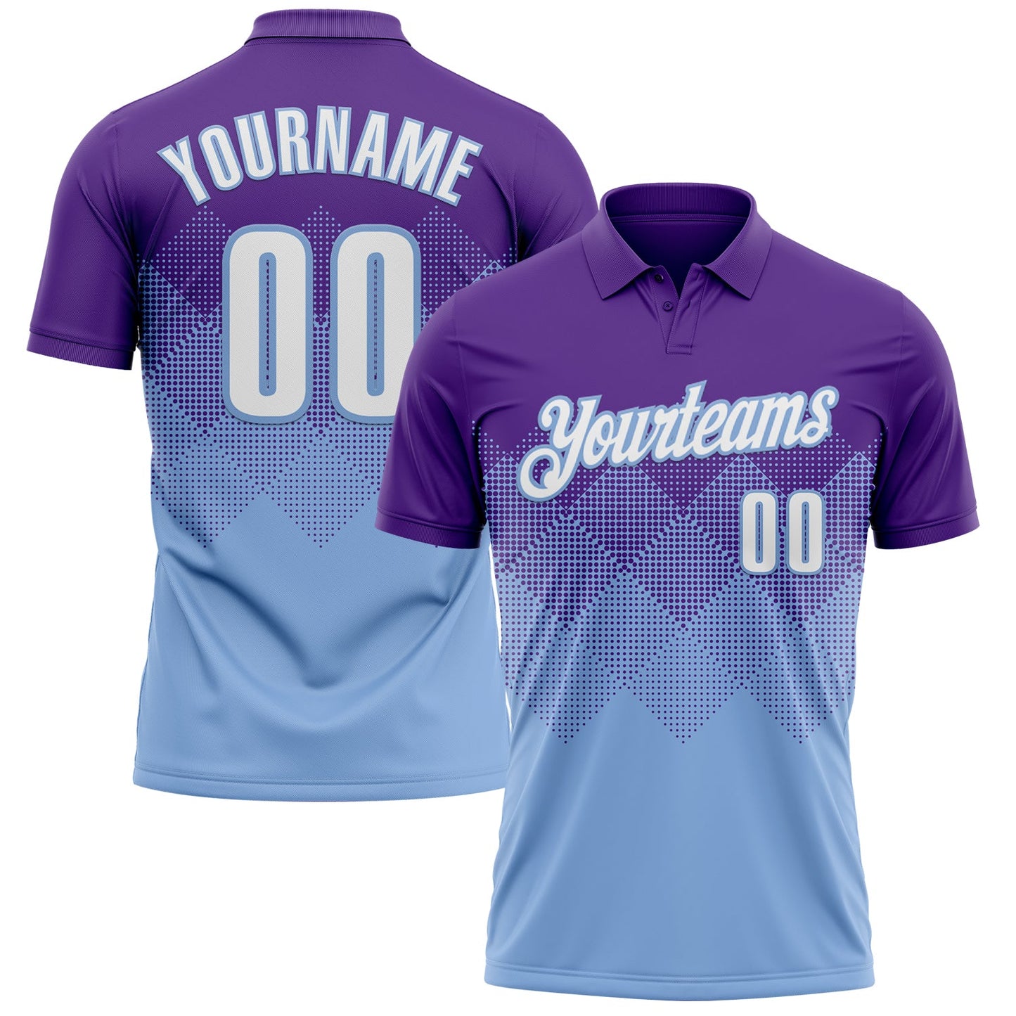 Custom Purple White-Light Blue 3D Gradient Square Shape Performance Polo Shirt - Main View