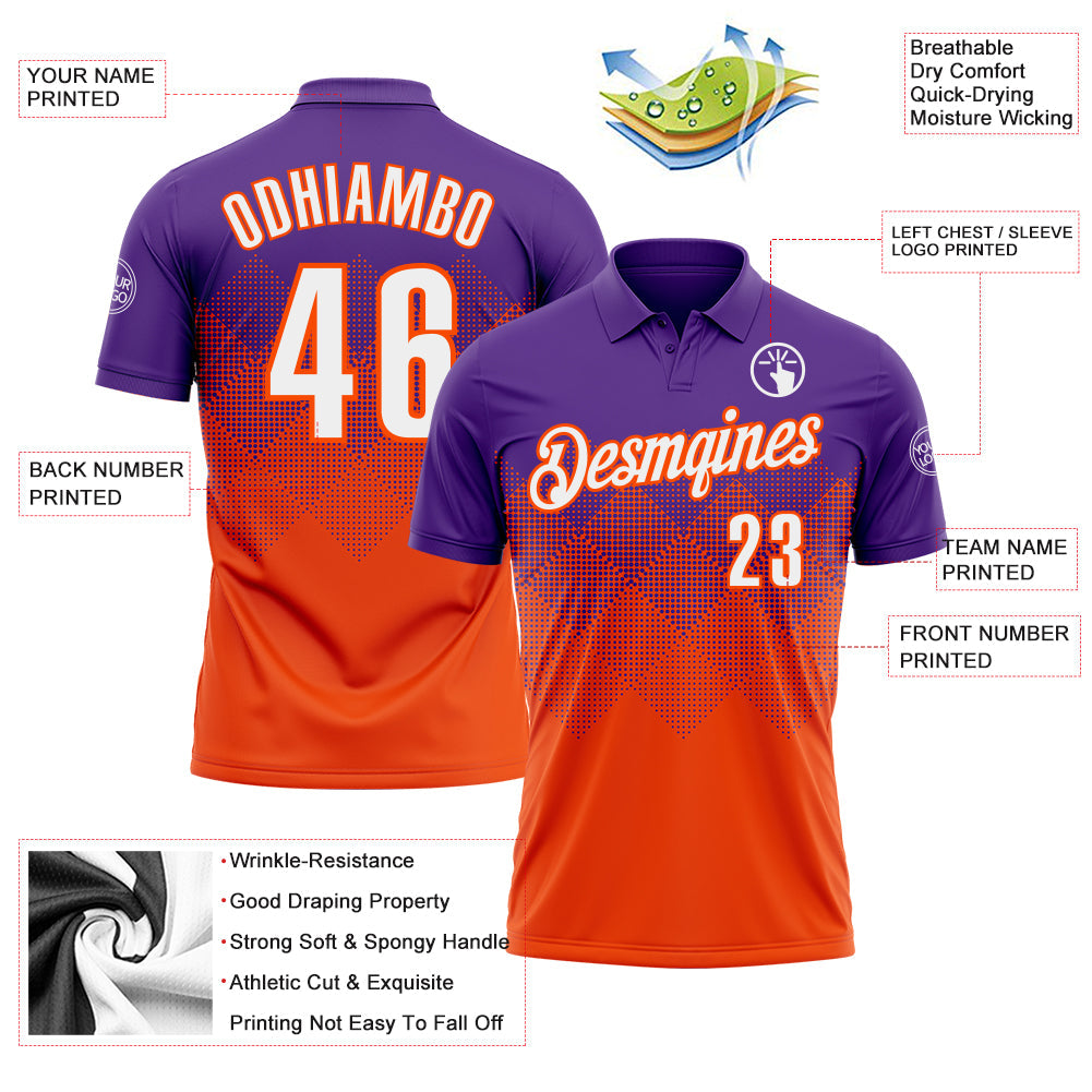 Custom Purple White-Orange 3D Gradient Square Shape Performance Polo Shirt view 3