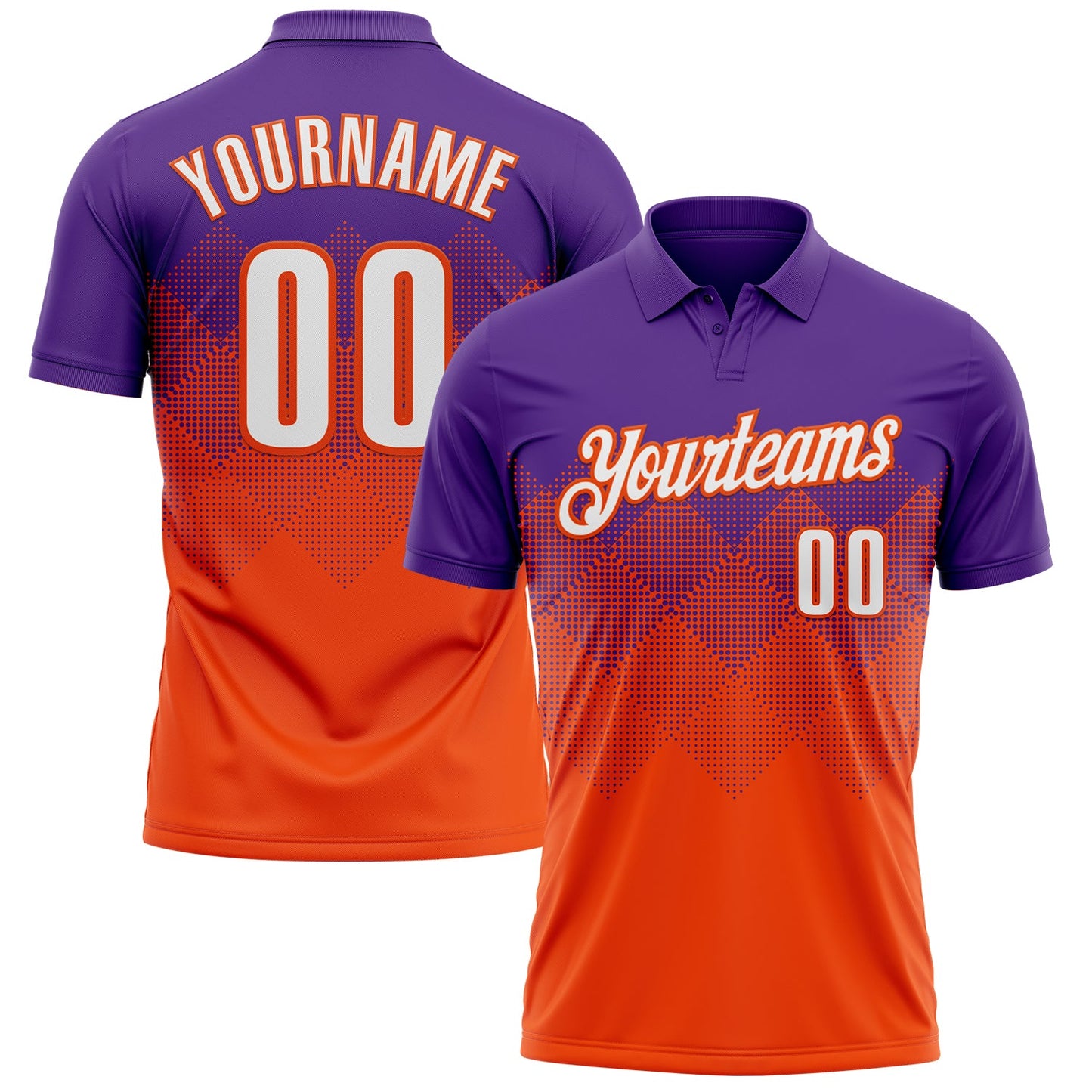 Custom Purple White-Orange 3D Gradient Square Shape Performance Polo Shirt - Main View