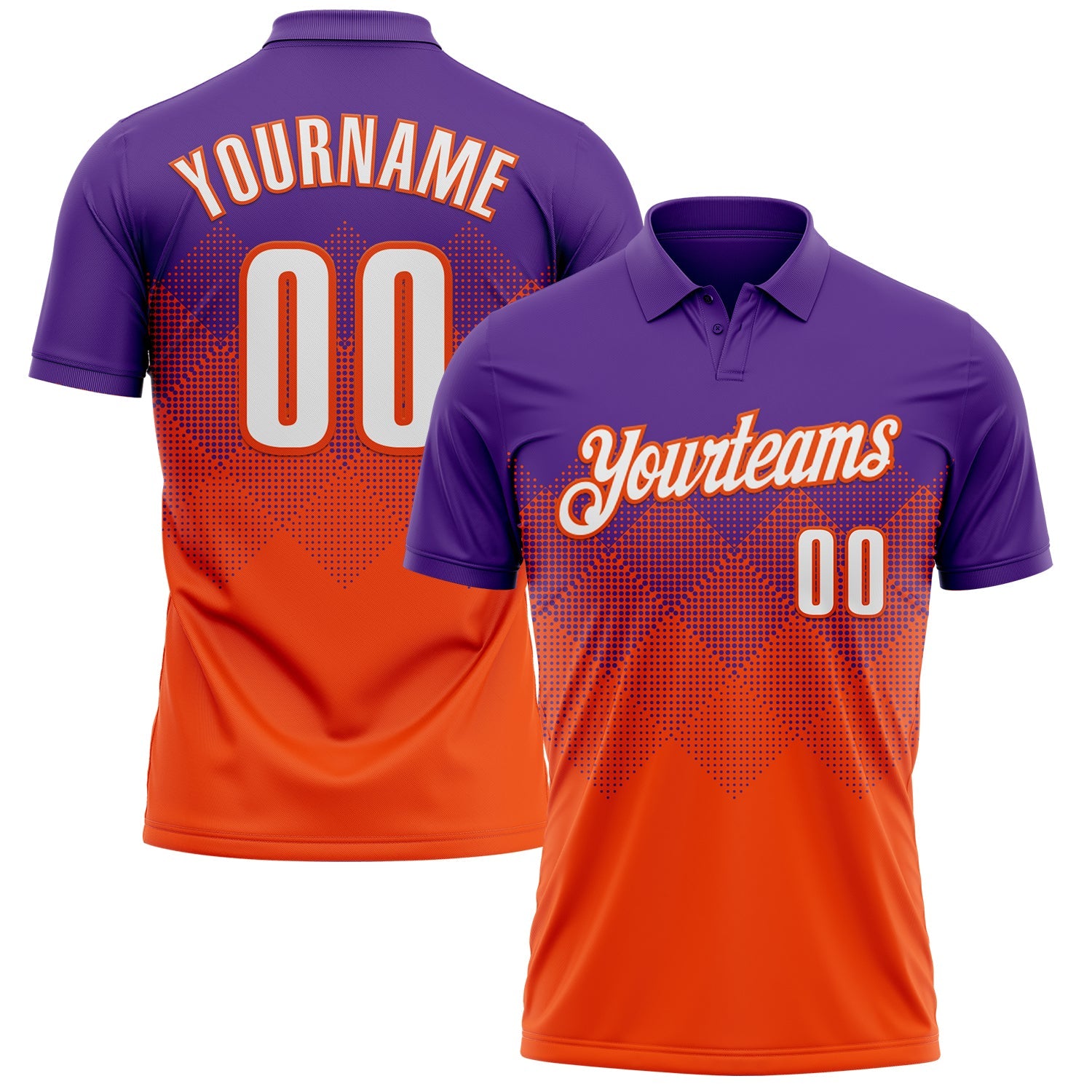Custom Purple White-Orange 3D Gradient Square Shape Performance Polo Shirt - Main View