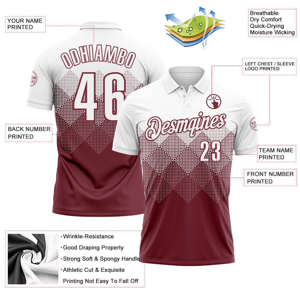 Custom White Burgundy 3D Gradient Square Shape Performance Polo Shirt view 3