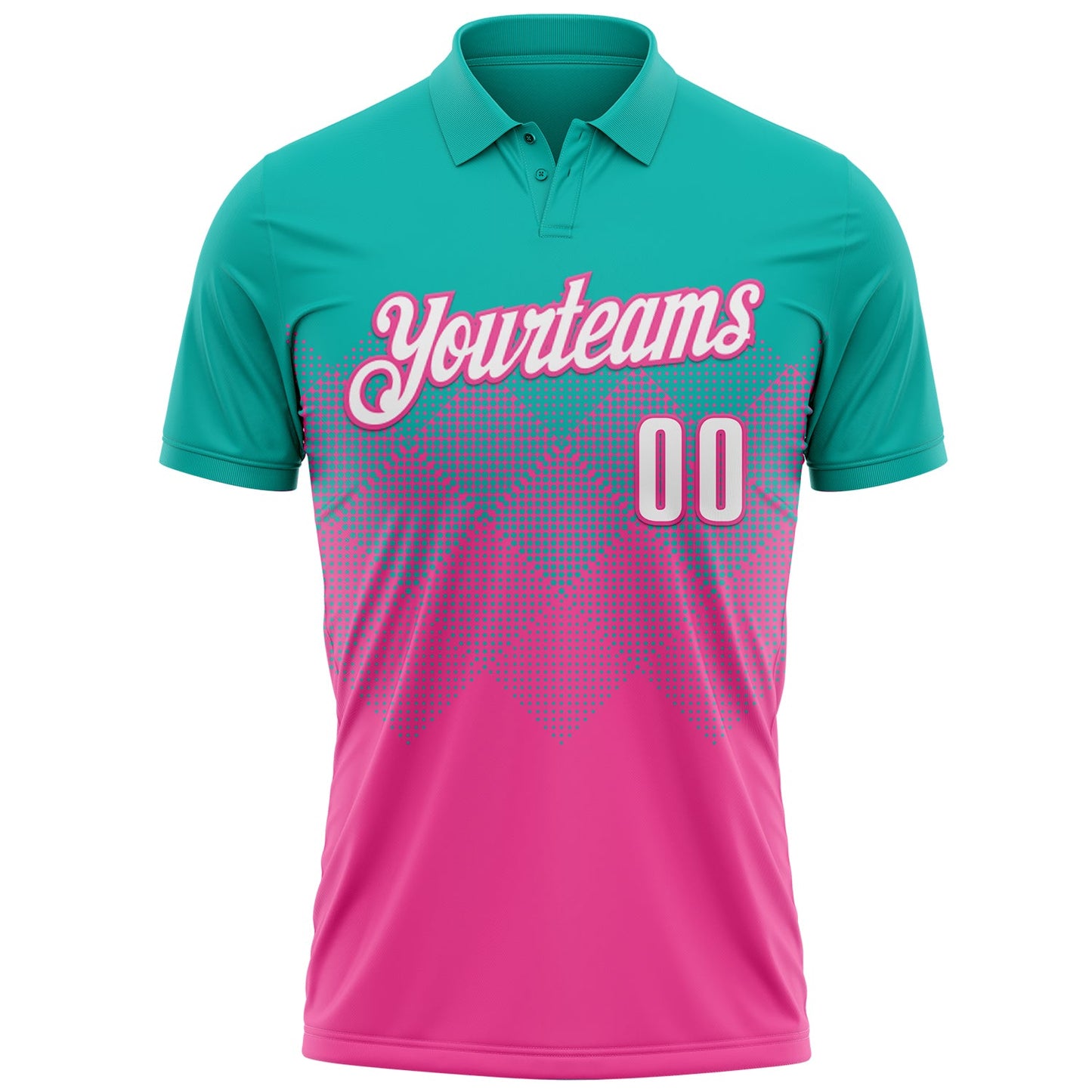 Custom Aqua White-Pink 3D Gradient Square Shape Performance Polo Shirt view 2