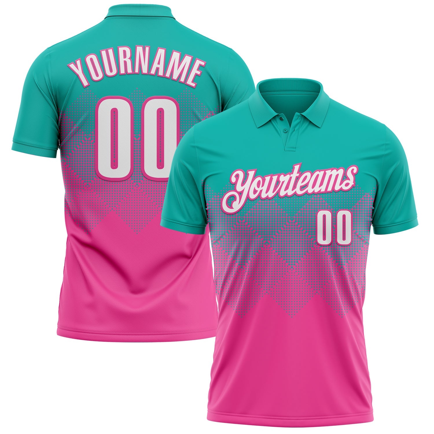 Custom Aqua White-Pink 3D Gradient Square Shape Performance Polo Shirt - Main View