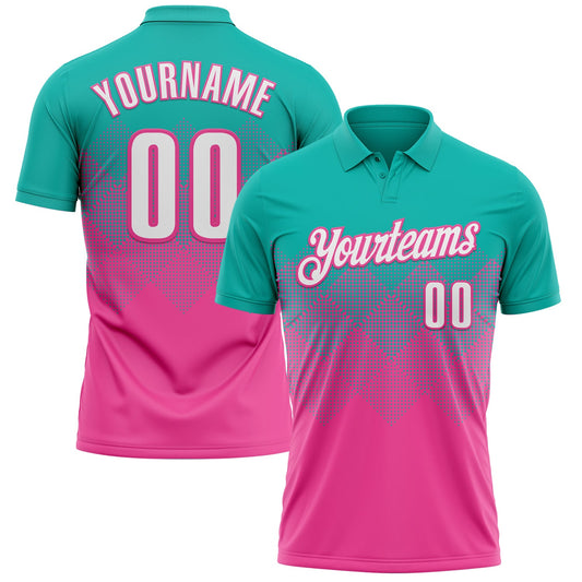 Custom Aqua White-Pink 3D Gradient Square Shape Performance Polo Shirt - Main View