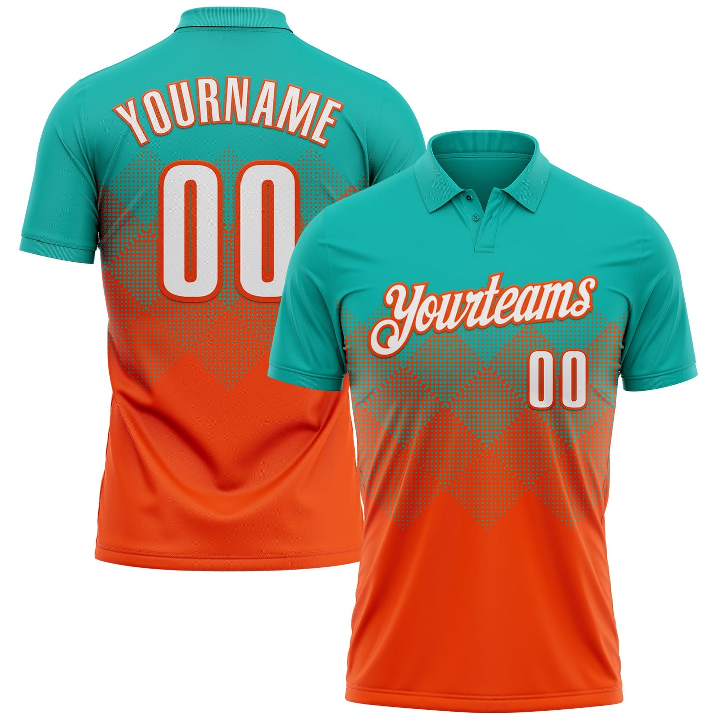 Custom Aqua White-Orange 3D Gradient Square Shape Performance Polo Shirt - Main View