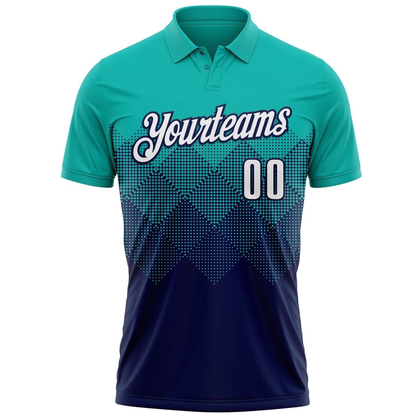 Custom Aqua White-Navy 3D Gradient Square Shape Performance Polo Shirt view 2