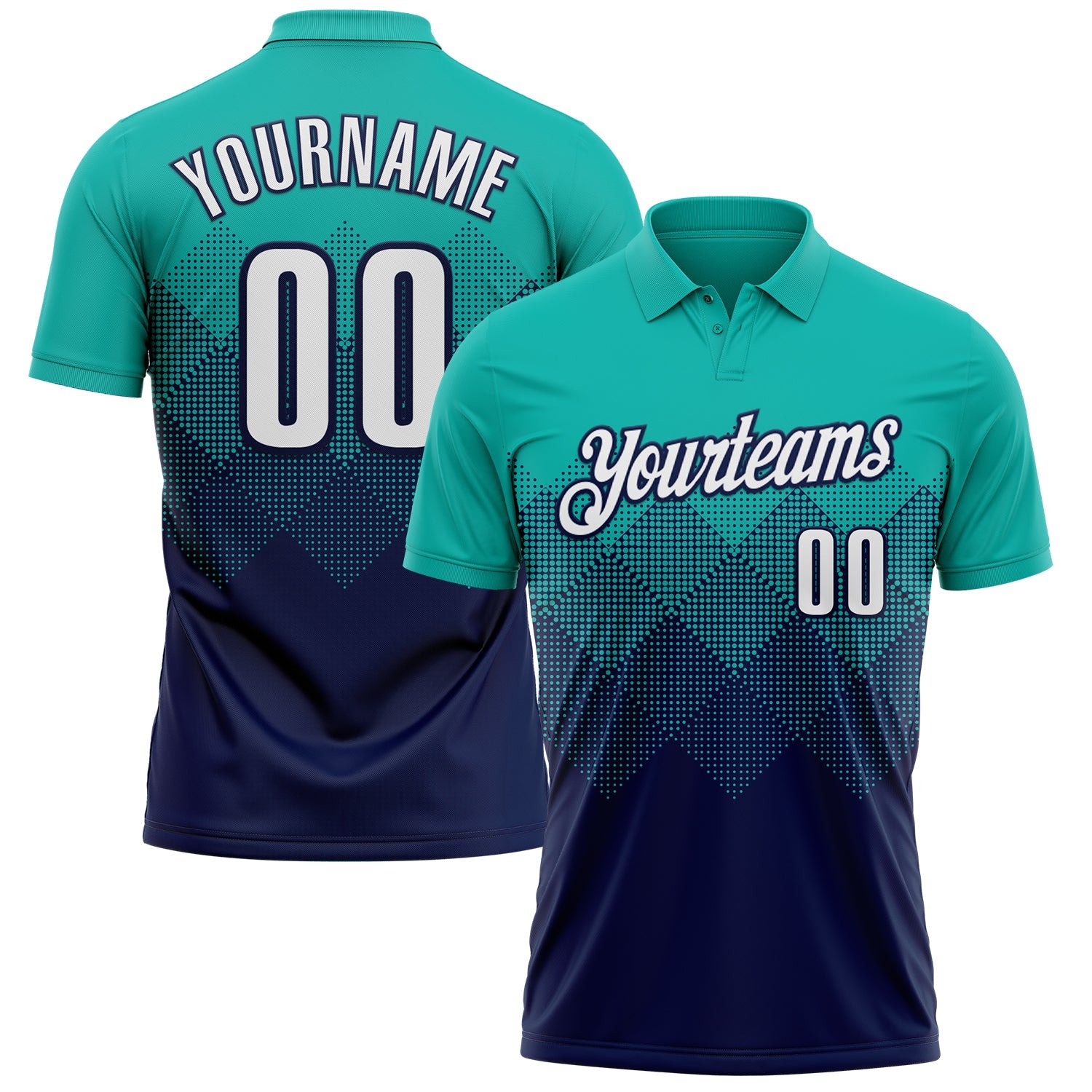 Custom Aqua White-Navy 3D Gradient Square Shape Performance Polo Shirt - Main View
