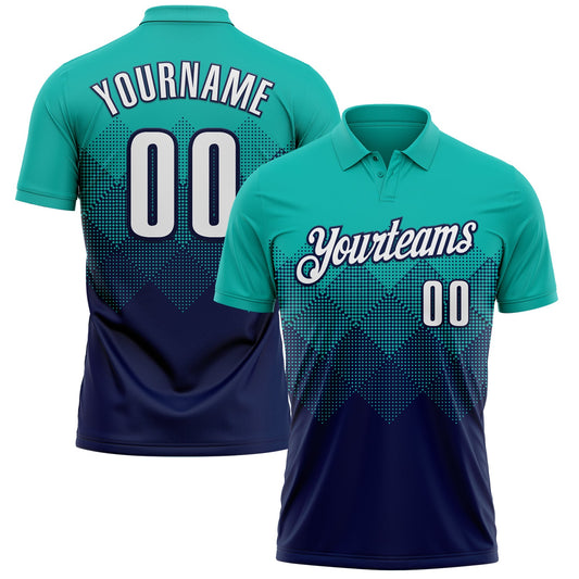 Custom Aqua White-Navy 3D Gradient Square Shape Performance Polo Shirt - Main View