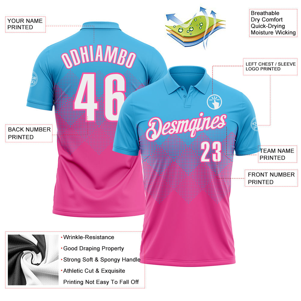 Custom Sky Blue White-Pink 3D Gradient Square Shape Performance Polo Shirt view 3