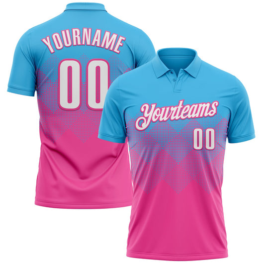 Custom Sky Blue White-Pink 3D Gradient Square Shape Performance Polo Shirt - Main View