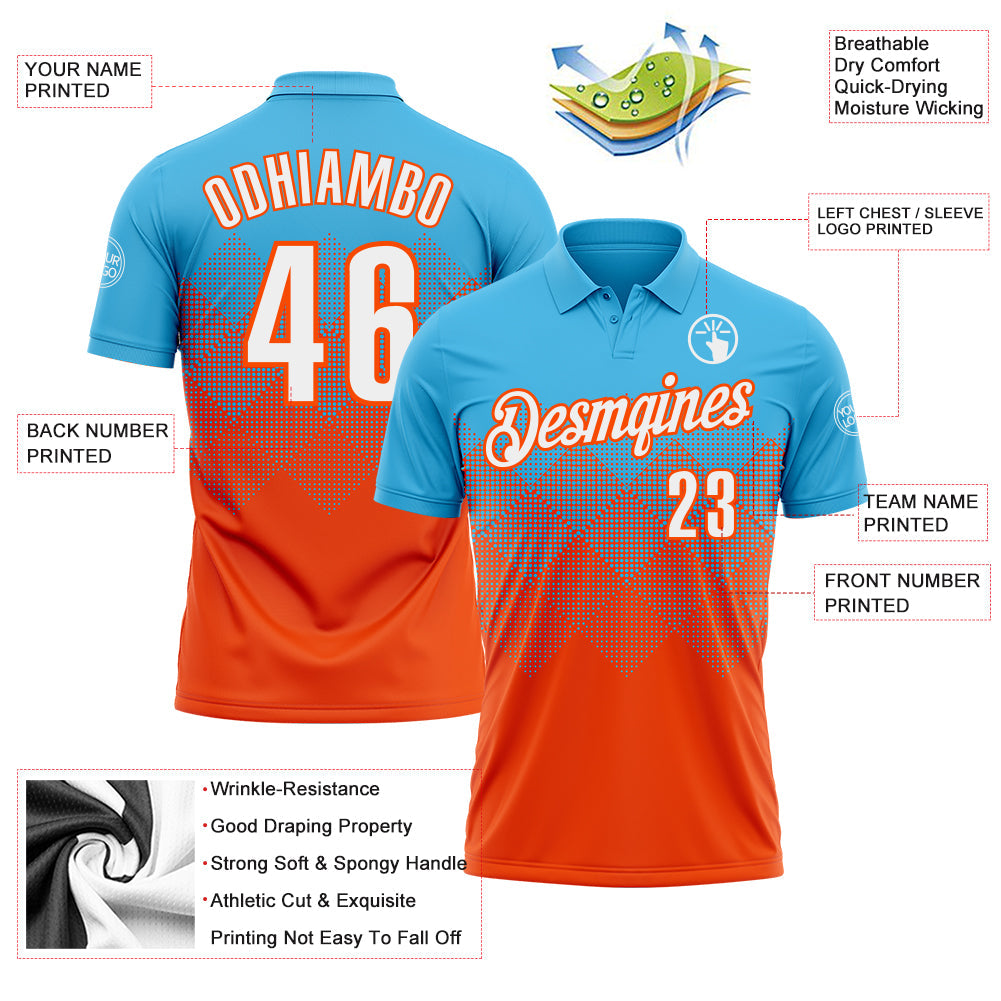Custom Sky Blue White-Orange 3D Gradient Square Shape Performance Polo Shirt view 3